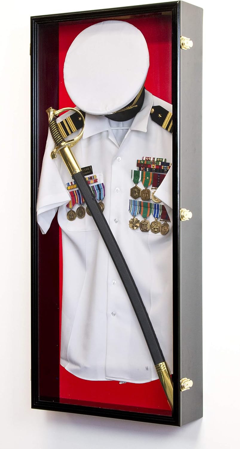 sfDisplay.com,LLC. Military Shadow Box Display Case Uniform Cap Hat Sword Medals Cabinet Wall Frame - Lockable (Black Finish, Red Felt Background)