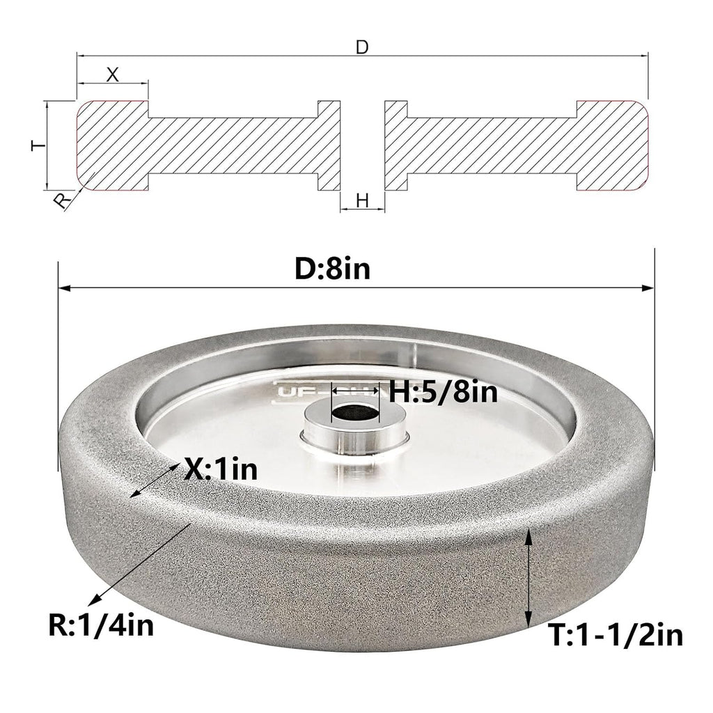 4 in 1 Plus CBN Grinding Wheel 8 inch, 1.5' Wide, 5/8' Arbor, 1/4' Radius for Sharpening Woodturning Tools、HSS Tools (600 Grit)