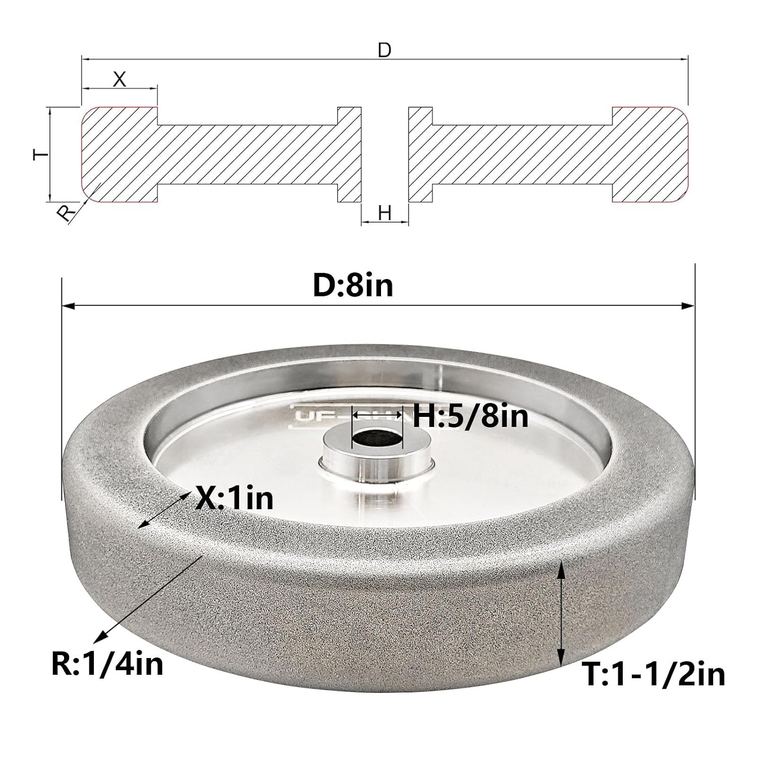 4 in 1 Plus CBN Grinding Wheel 8 inch, 1.5' Wide, 5/8' Arbor, 1/4' Radius for Sharpening Woodturning Tools、HSS Tools (600 Grit)