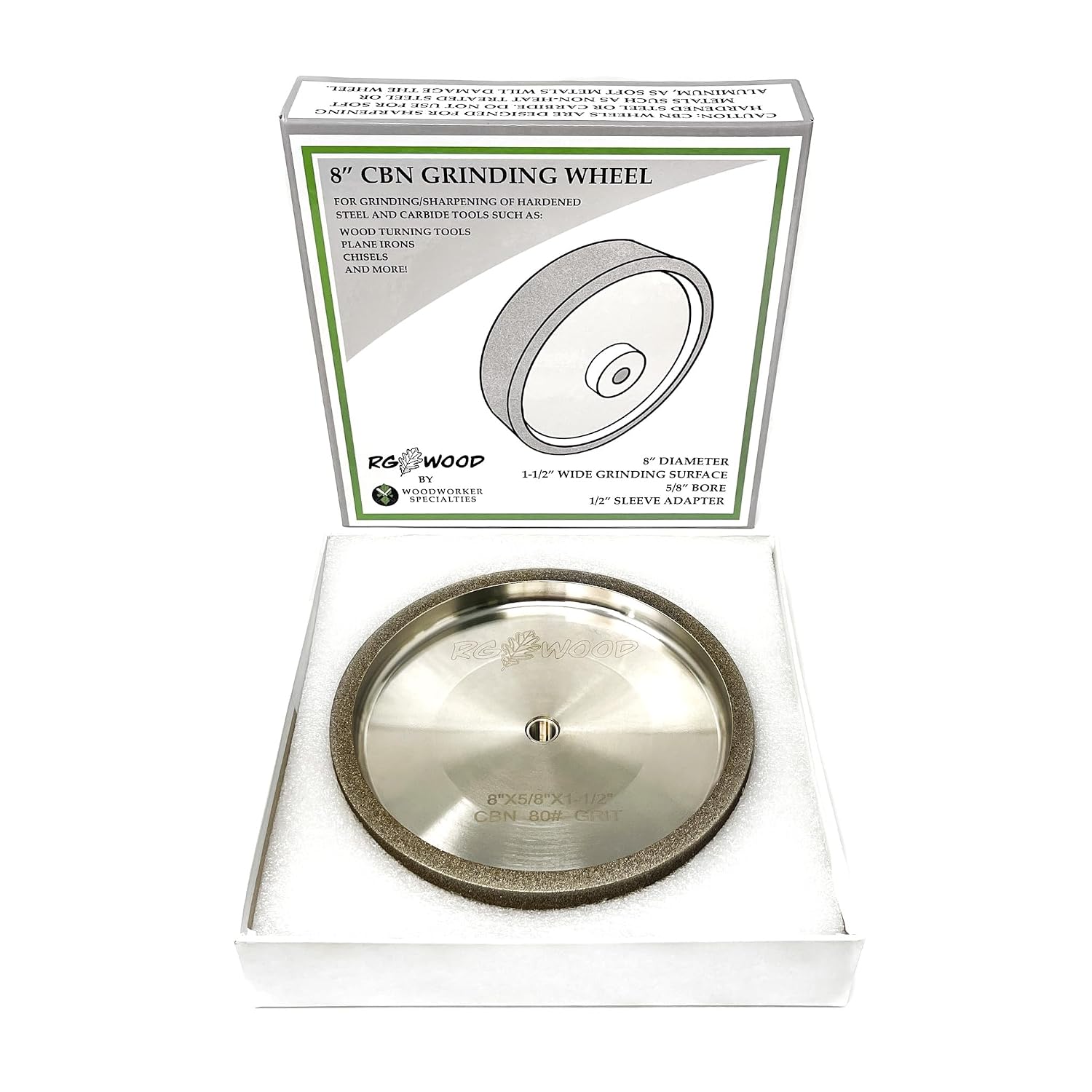 CBN8080 8' x 1.5' 80 Grit CBN Grinding Wheel with 5/8' Arbor (with 1/2' Adapter Sleeve), Tested and Adjusted for Balance