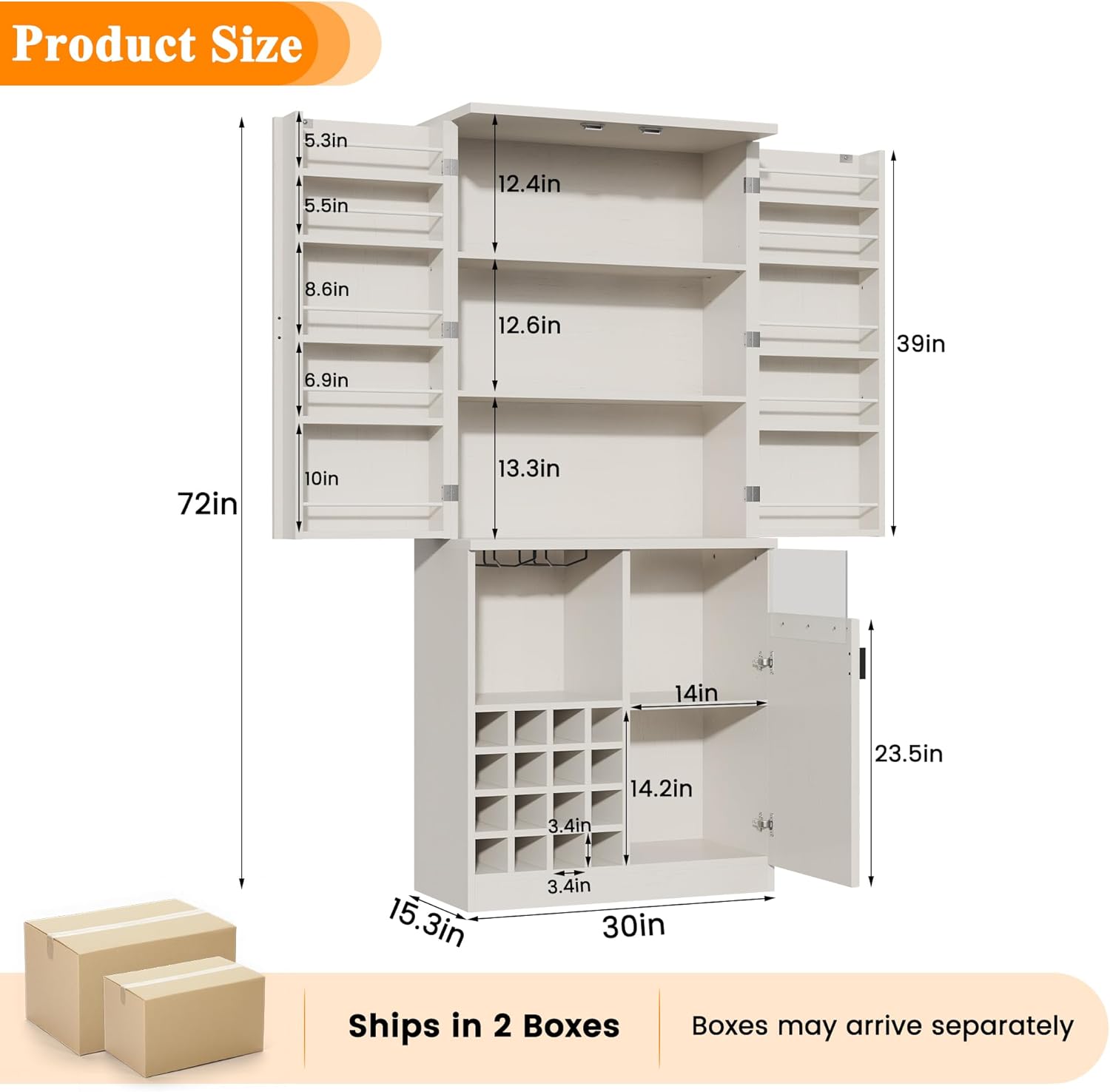 kepptory 72' Tall Kitchen Pantry Storage Cabinet, Freestanding Bar Cabinet with RGB LED Light, White Kitchen Buffet Sideboard with Doors for Dining Room Living Room