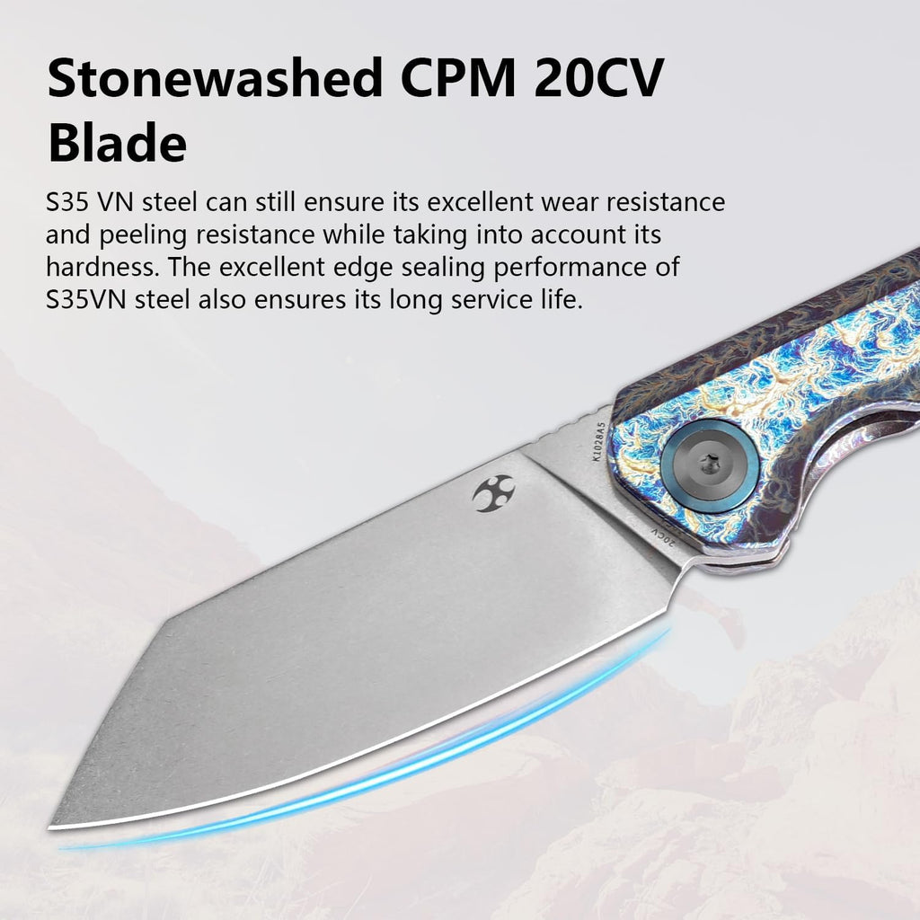 KANSEPT Bulldozer Pocket Folding Knives EDC Camping Fishing Knife 3.56'' Stonewashed CPM 20CV Blade Tactical Folding Knife with Titanium with Lightning Strike Finish Handle Everyday Carry K1028A5