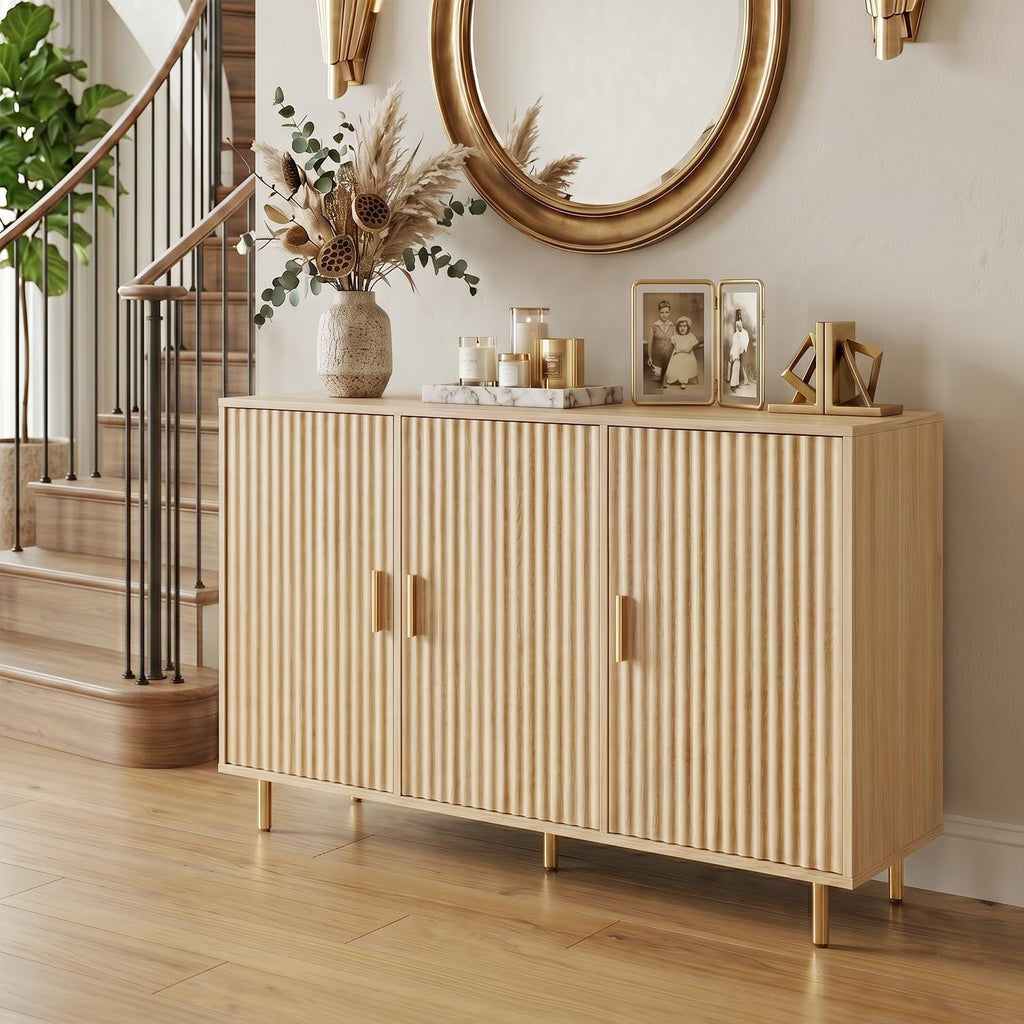 DIYART Oak Sideboard Buffet Cabinet, Accent Coffee Bar Cabinet with 3 Doors, Entryway Cabinet for Living Room, Kitchen, Hallway