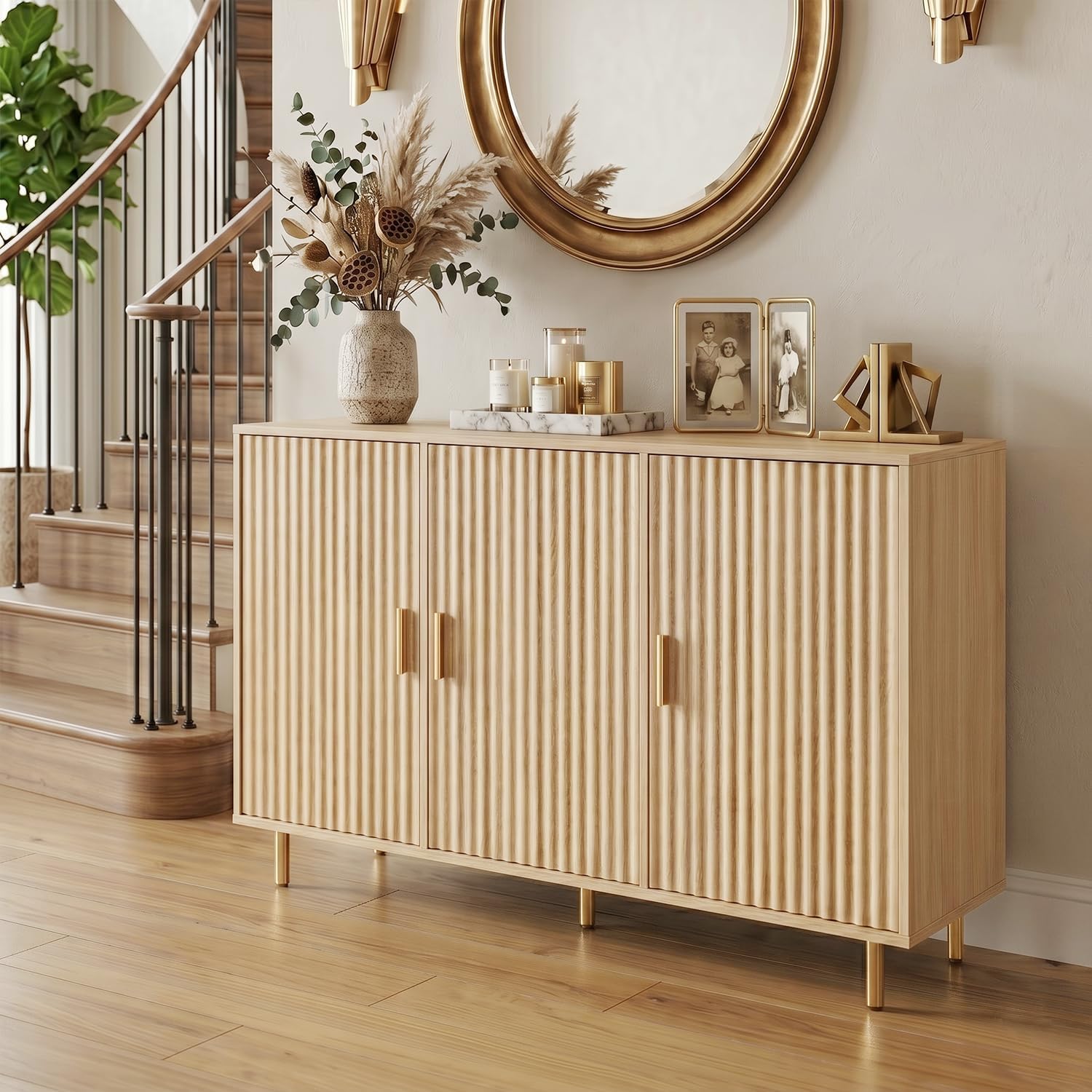 DIYART Oak Sideboard Buffet Cabinet, Accent Coffee Bar Cabinet with 3 Doors, Entryway Cabinet for Living Room, Kitchen, Hallway