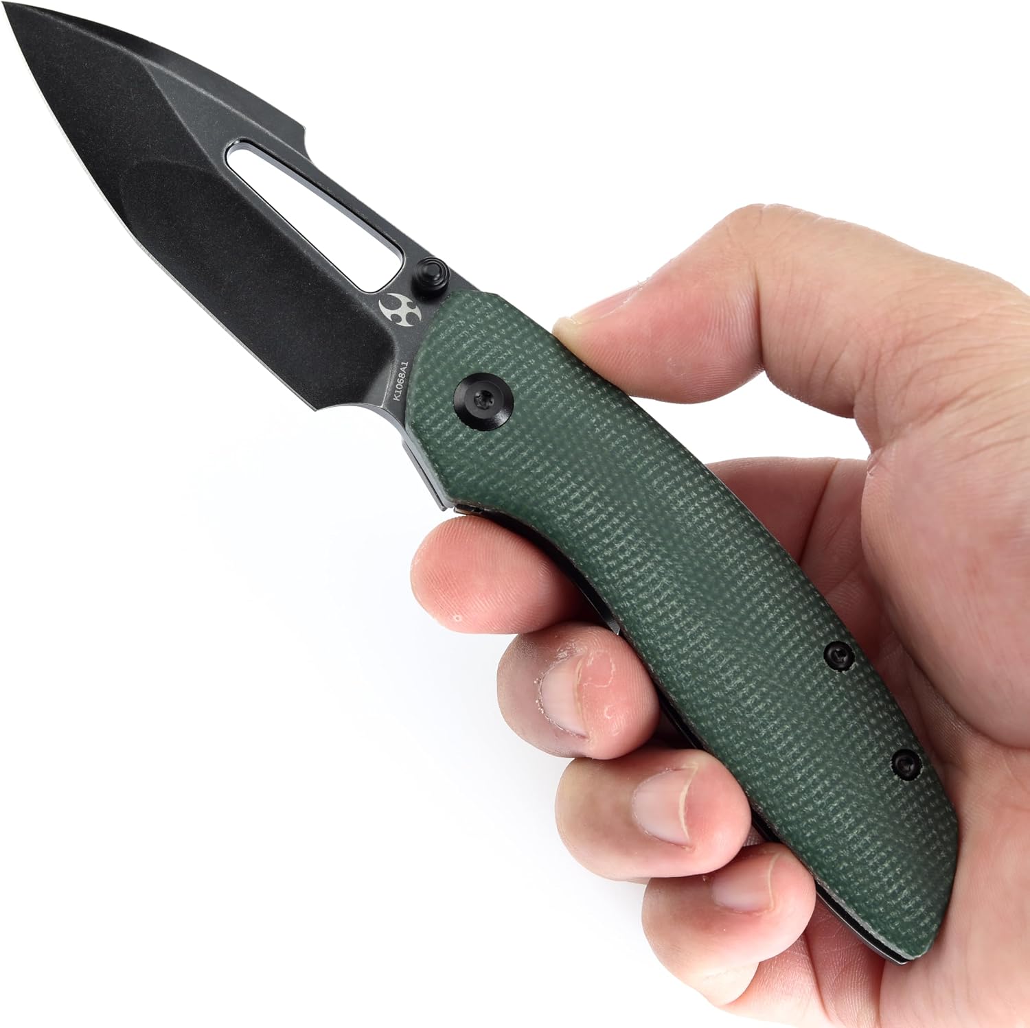 KANSEPT Link Pocket Folding Knives EDC Camping Hiking Folding Knife for Men Women 3'' Blackwash CPM 20CV Blade with Green Micarta Blackwash Titanium with Frag Pattern Handle Everyday Carry K1068A1