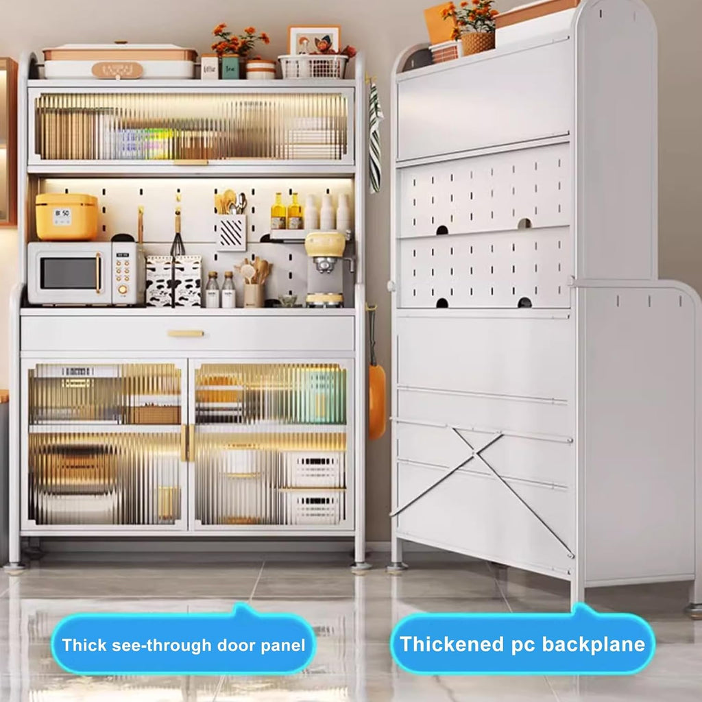 5-Tier Kitchen Bakers Rack with Drawers, Large Metal Coffee Bar Cabinet with Transparent Flip Door, DIY Backplane, 4 Hooks, Stylish White Finish - Space-Saving Storage Solution