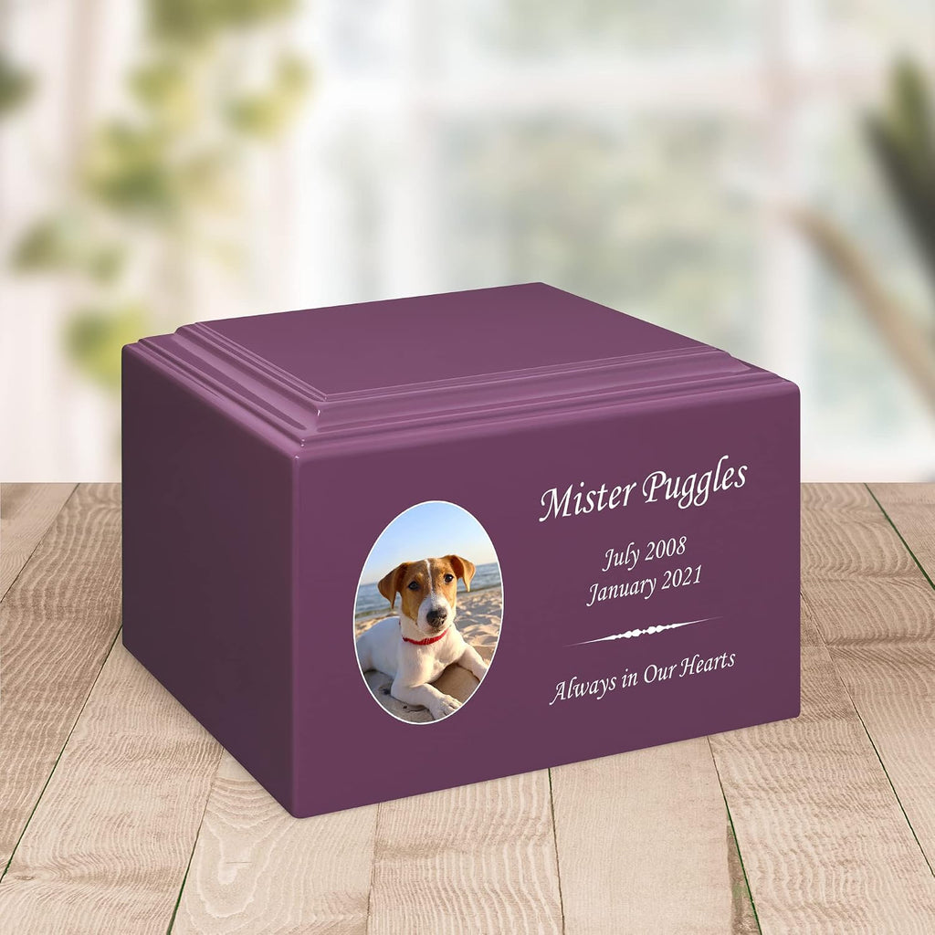 Mainely Urns Stonewood Medium Custom Pet Photo Cremation Urn for Pet Ashes - Engineered Wood Cremation Urn for Dog Ashes or Cat Ashes - 110 Cubic Inch Capacity - Customization Included (Amethyst)