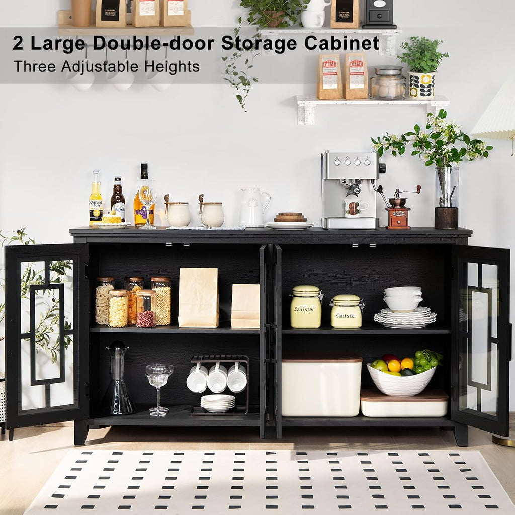 Joaxswe Large Sideboard Buffet Cabinet with Storage, 63' Black Farmhouse Kitchen Coffee Wine Bar Cabinet with 4 Glass Doors, Mid Century Modern Wooden Side Board Table for Dining Room, Living Room