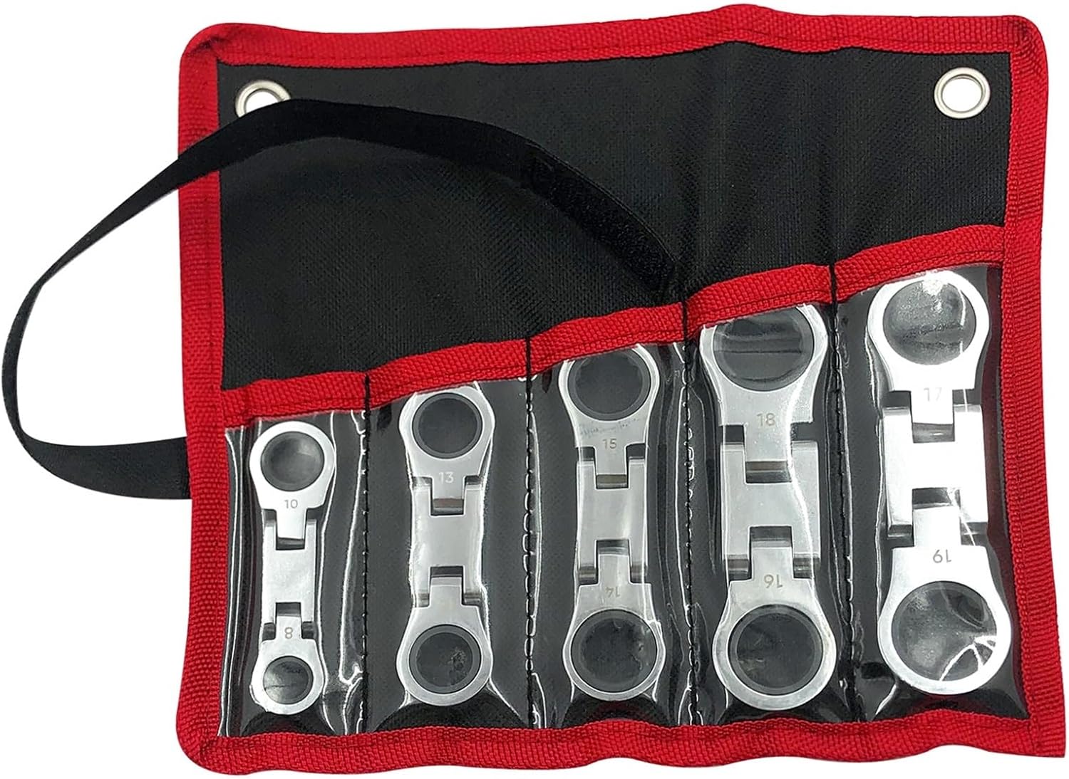 5-Piece stubby Flex-Head ratcheting wrench set metric combination 72-Teeth, with Rolling Pouch 8m10m12m13m14m15m16m17m18m19m