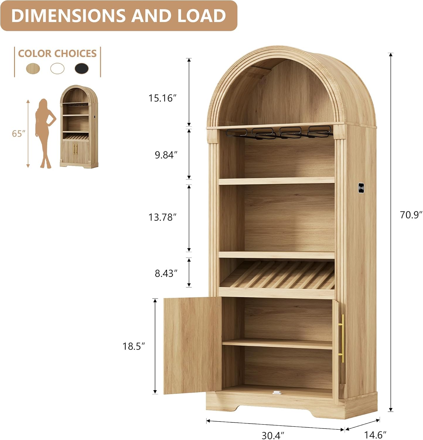 Vlsrka Arched Cabinet, Kitchen Pantry Cabinets with Open & Adjustable Shelves, Induction 3 Color Lights (Brown A)
