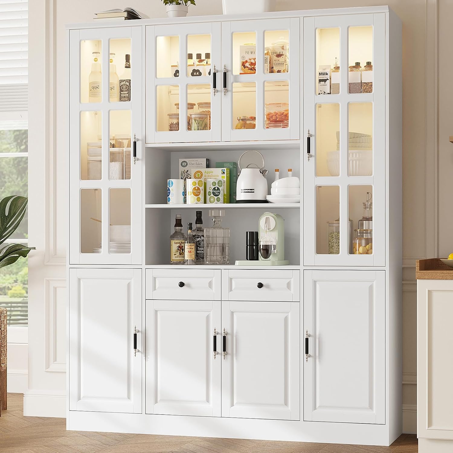 MEISSALIVVE Kitchen Pantry Storage Cabinet with LED Lights, 78.7' Tall with Glass Doors & Drawers, Freestanding Utility Cabinet, White (63' W x 15.7' D)