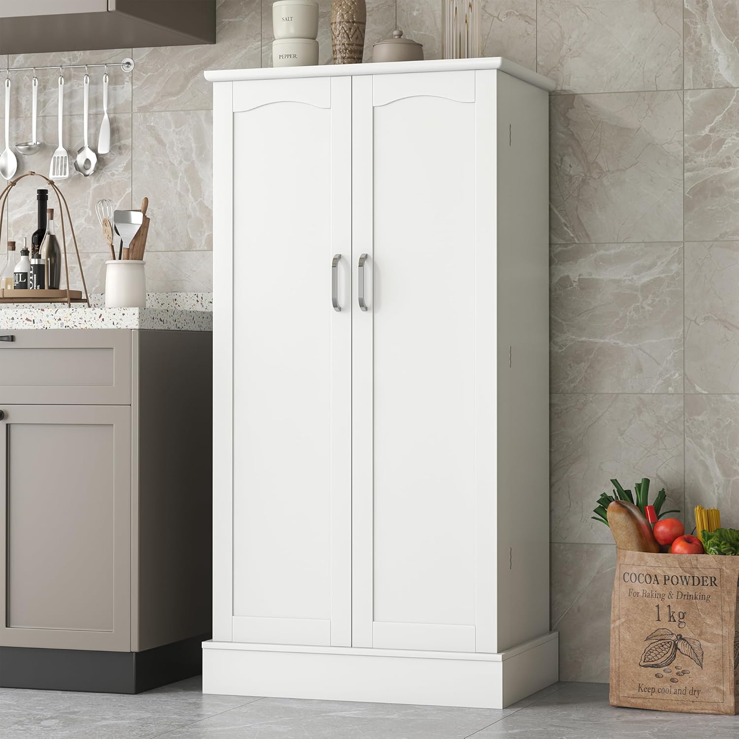 kepptory 47' Pantry Cabinet, Kitchen Pantry Storage Cabinet with Doors and Adjustable Shelves,Freestanding Buffet Cupboards Sideboard for Living Room and Dinning Room (White)