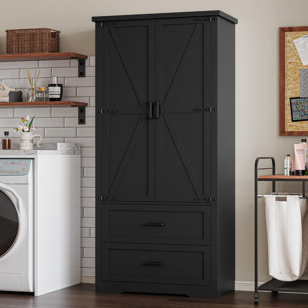 BORNOON Pantry Organizers and Storage Cabinet, 71' Barn Door White Kitchen Cabinet with Drawers and Adjustable Shelf, Tall Pantry for Kitchen, Dining Room, Living Room. Bathroom and Office
