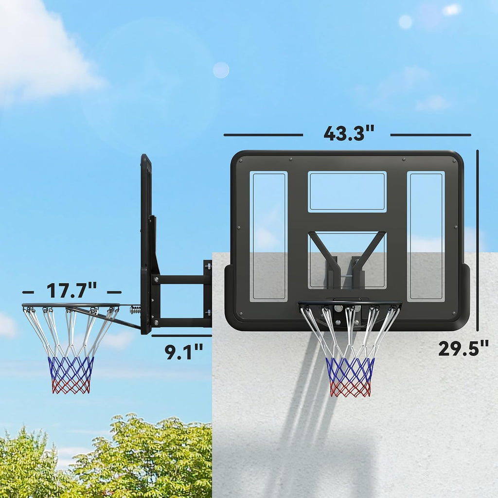 Soozier Wall Mounted Basketball Hoop, Reinforced Shatter Resistant 43' Backboard Basketball Goal Combo Kit with All Weather Net for Outdoor or Indoor Use