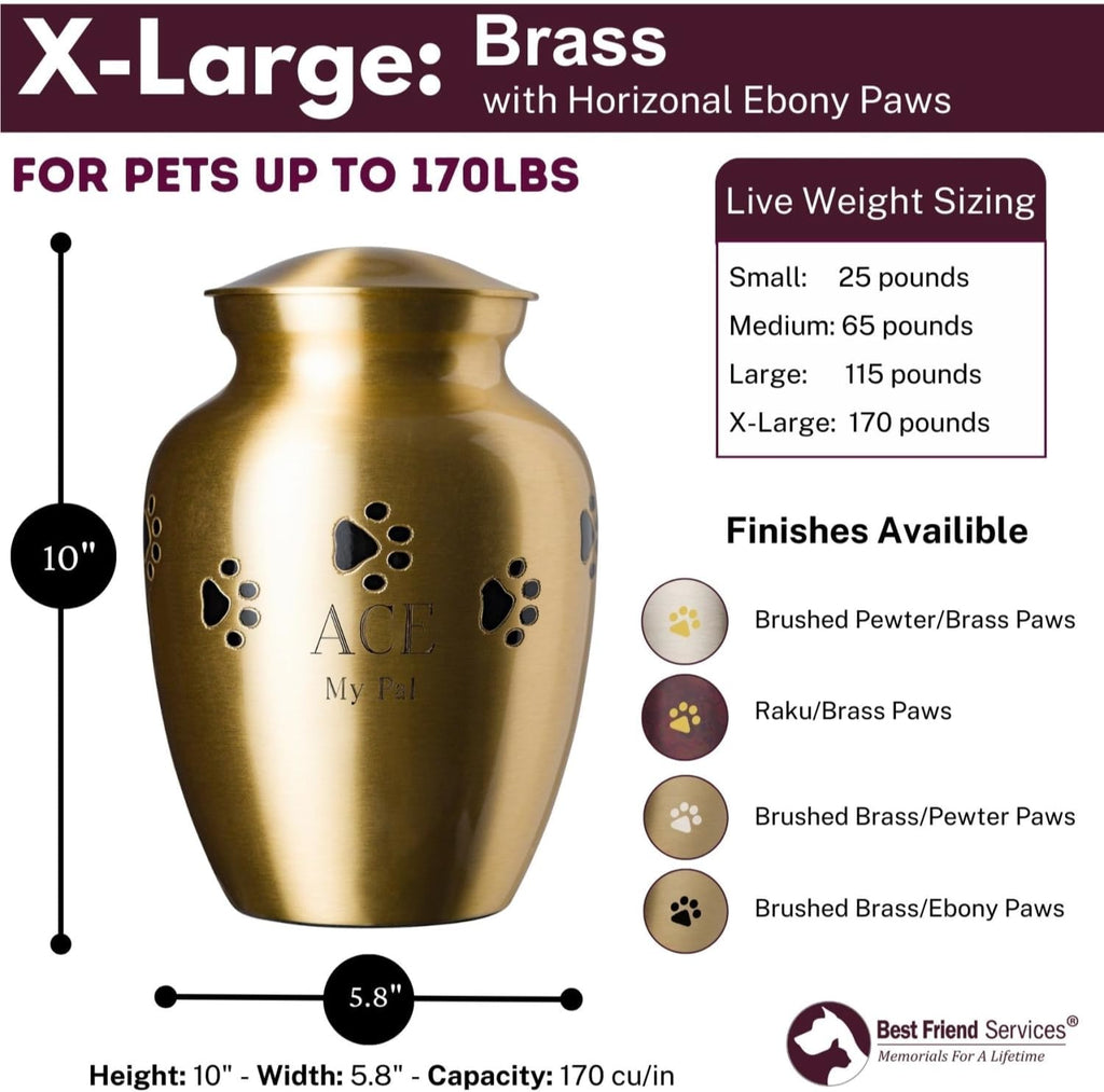 Ottillie Paws Elite Series Pet Urn for Dogs with Personalized Engraving (X-Large - Pets up to 170 lbs, Brass, Horizontal Paws)