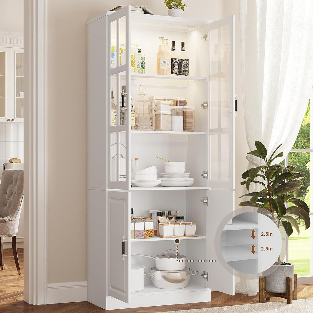 MEISSALIVVE Kitchen Pantry Storage Cabinet with LED Lights, 78.7' Tall with Glass Doors & Drawers, Freestanding Utility Cabinet, White (31.5' W x 15.7' D)