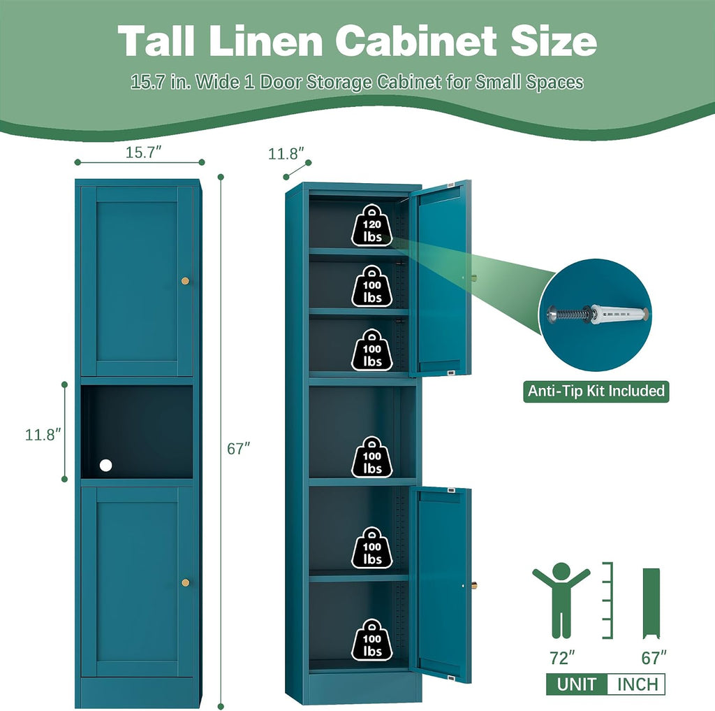 Bevivog Metal Kitchen Pantry Cabinet for Small Space, 67' Tall Storage Cabinets with 2 Doors and Adjustable Shelves, Freestanding Narrow Bathroom Cabinet, 15.7' W Slim Pantry