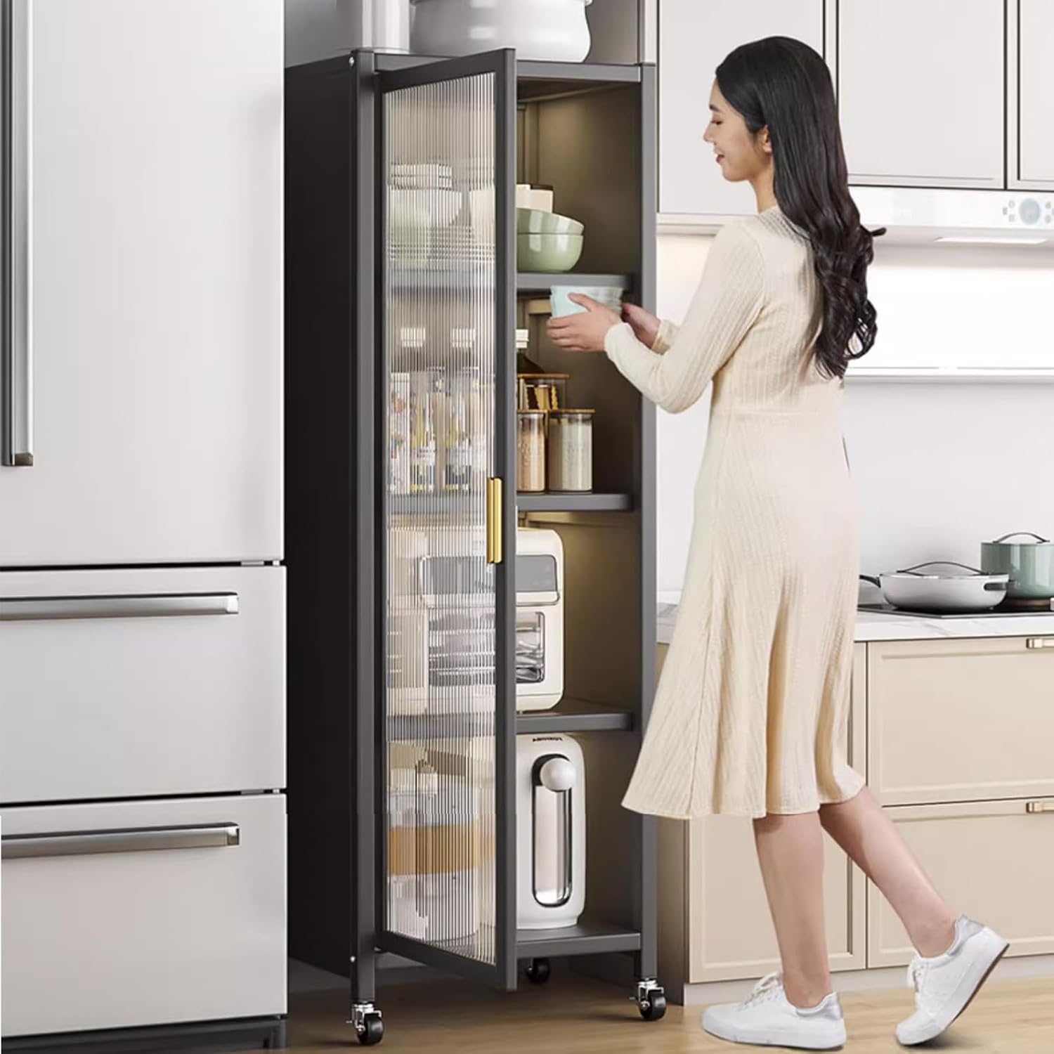 Free Standing Kitchen Bakers Rack, 3/4 Tier Microwave Stand with Transparent Door, Movable Pantry Storage Cabinet, Dining Room Living Room Shelves(L 13.8' x W 15.7' x H 45.5', White-3 Tier)