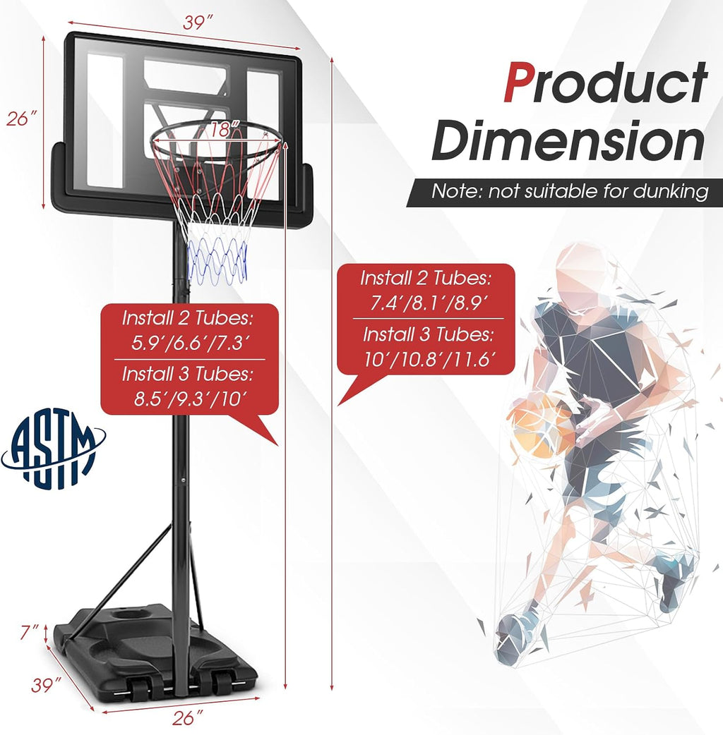 GYMAX Basketball Hoop, 5.9-10 FT Adjustable Basketball Goal with Shatterproof Backboard & 2 Nets, Portable Basketball Hoop for Indoor/Outdoor Kids Teens Adults