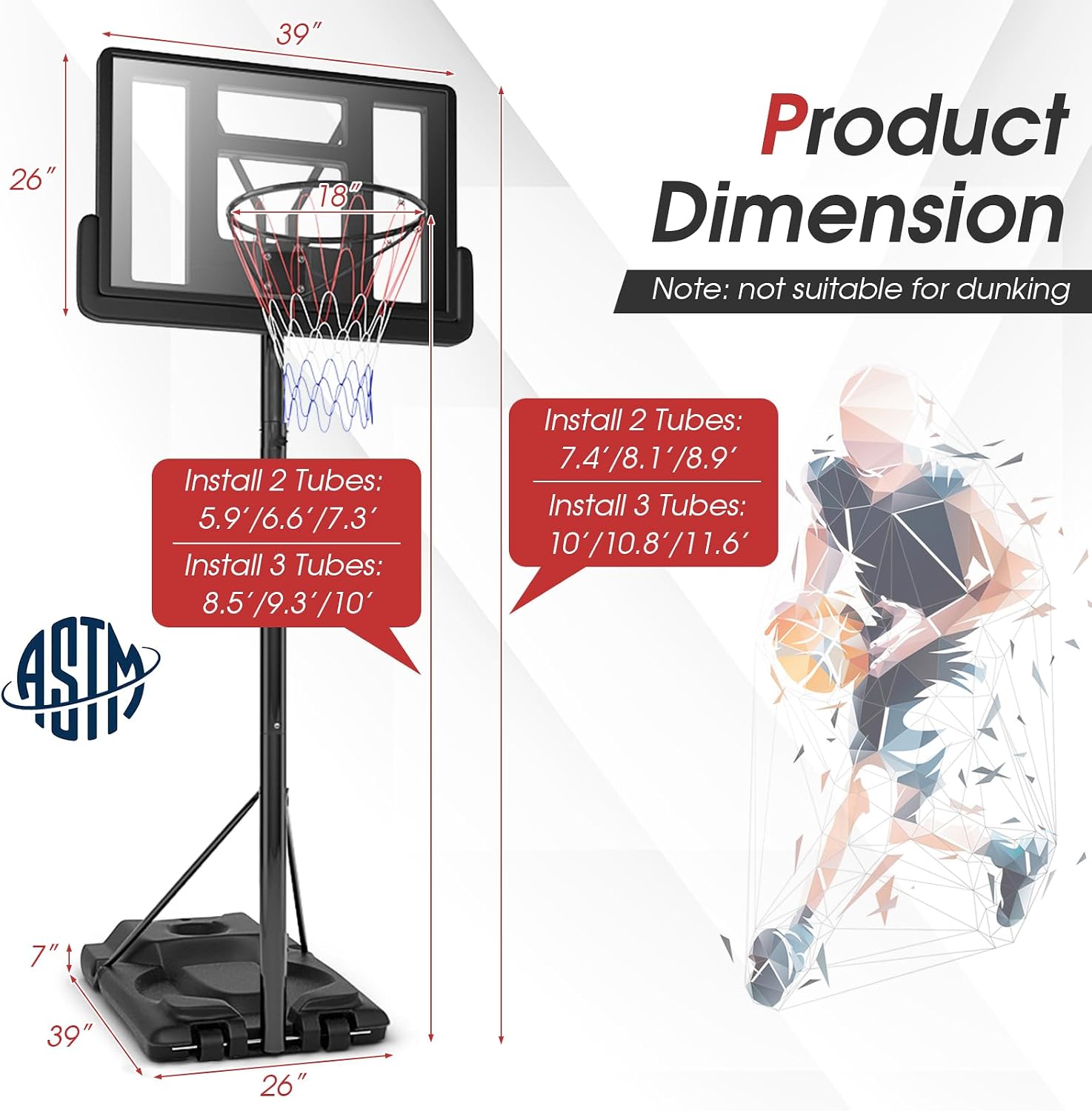 GYMAX Basketball Hoop, 5.9-10 FT Adjustable Basketball Goal with Shatterproof Backboard & 2 Nets, Portable Basketball Hoop for Indoor/Outdoor Kids Teens Adults