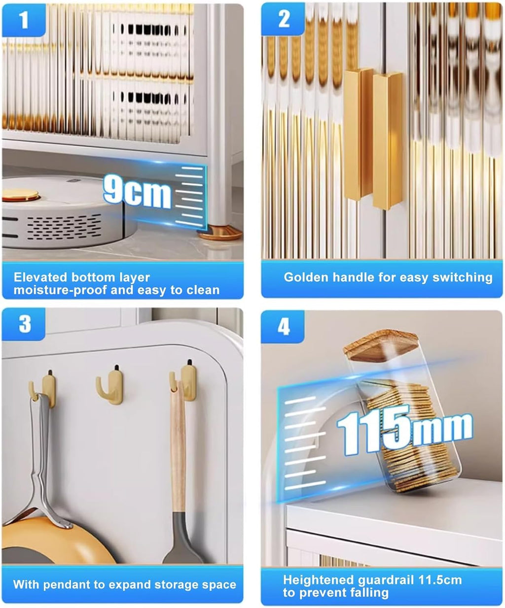 White Kitchen Cabinet Storage - 4-Tier Microwave Stand with Flip Door & Pegboard, Large Shelves & 8 Hooks, Free Standing Bakers Rack for Pantry & Home Organization