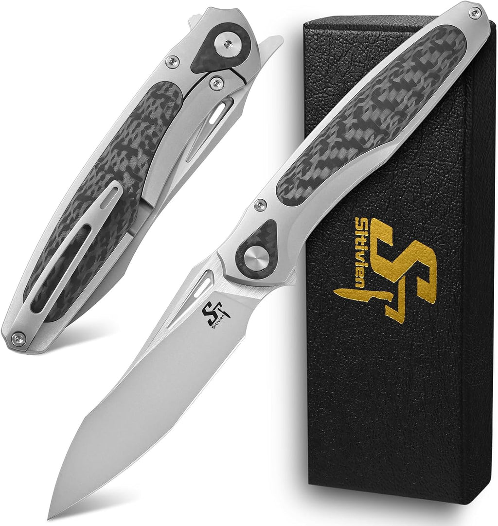 Sitivien ST997 Folding Knife,Handmade M390 Pearlescent Brushed Steel Blade,Titanium Carbon Fiber Handle EDC Knife for Outdoor Camping Hiking Survival Travel(Gray)