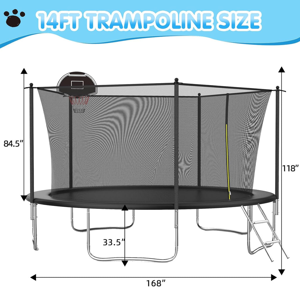 Tranpoline Outdoor 10FT 12FT 14FT 16FT Tranpoline for Kids & Adults,Recreational Tranpoline with Basketball Hoop,Safety Enclosure Net & Ladder