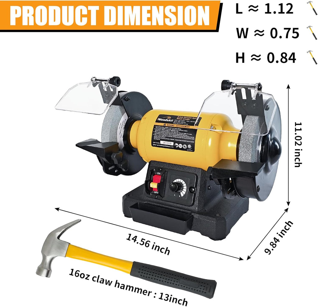 Woodskil 6 Inch Variable Speed Bench Grinder, 2000–3400 RPM Adjustable Speed, 2.5A Motor, Dual Grinding Wheels 36 & 60 Grit, Adjustable Tool Rest, Eye Shield for Sharpening Knives, Tools, Metal