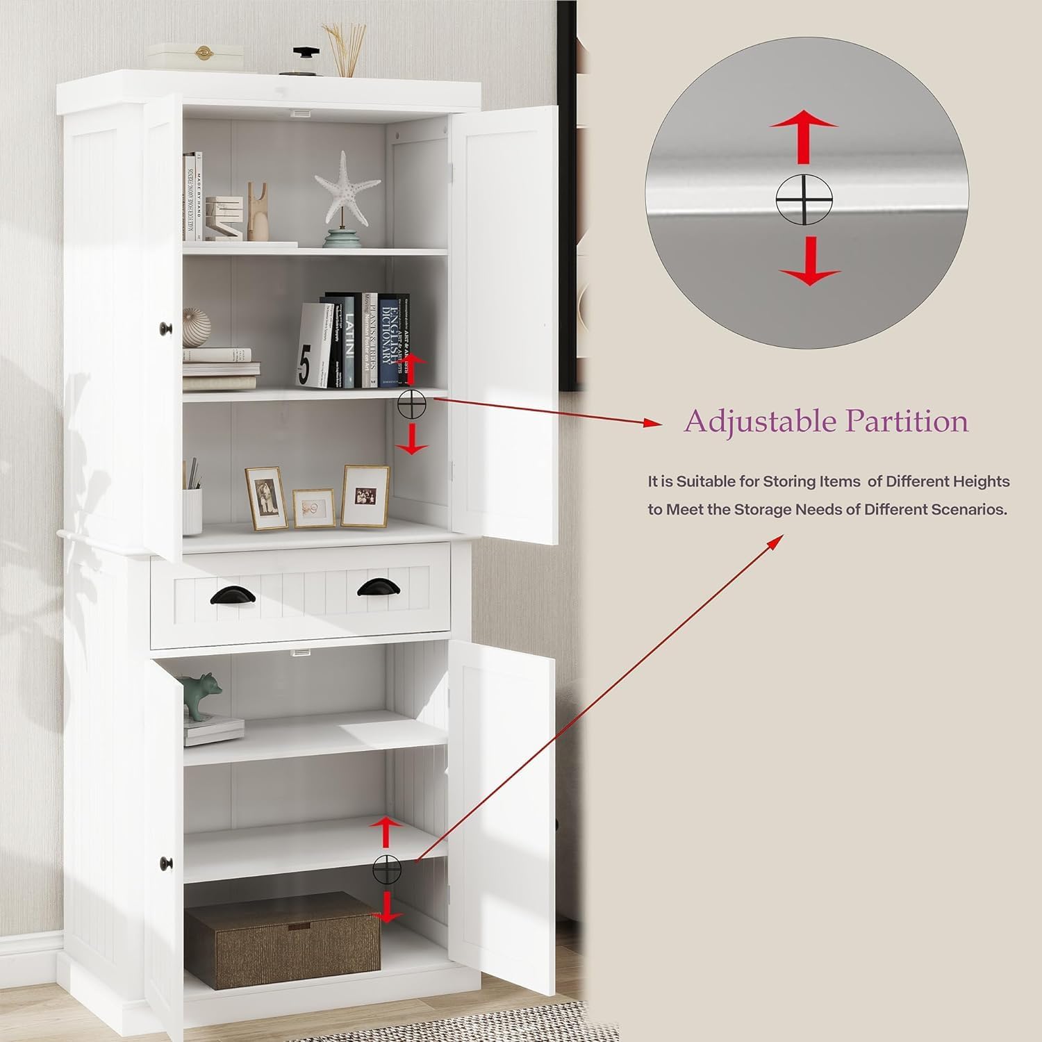 72' 4-Door Freestanding Storage Cabinet, Kitchen Storage Bakers Rack with Carved Design, Utility Food Cupboard with Adjustable Shelf for Kitchen Dining Laundry Room, White