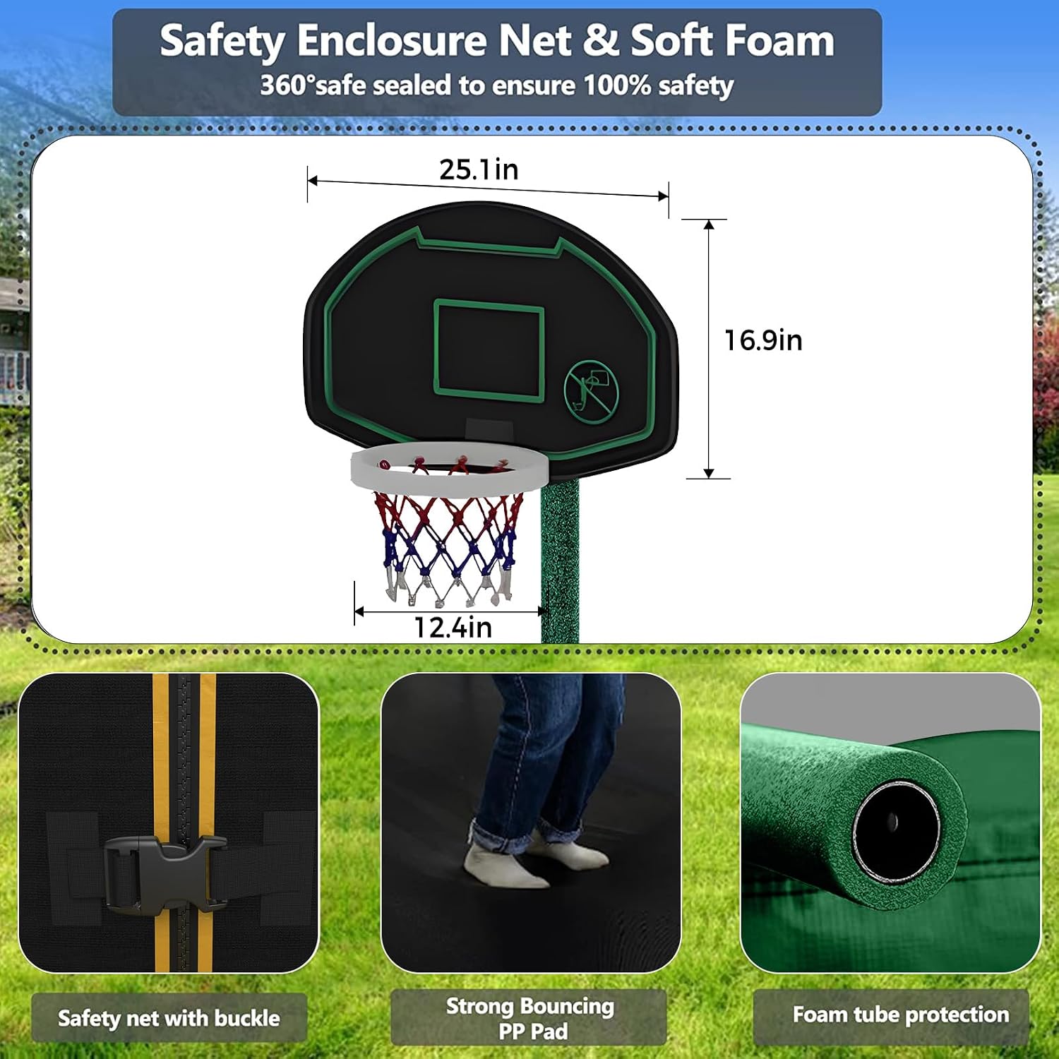 Lyromix Upgraded Trampoline with Lights, Large Outdoor Trampoline with Sprinkler,Basketball Hoop and Net, Capacity for 5-8 Kids and Adults