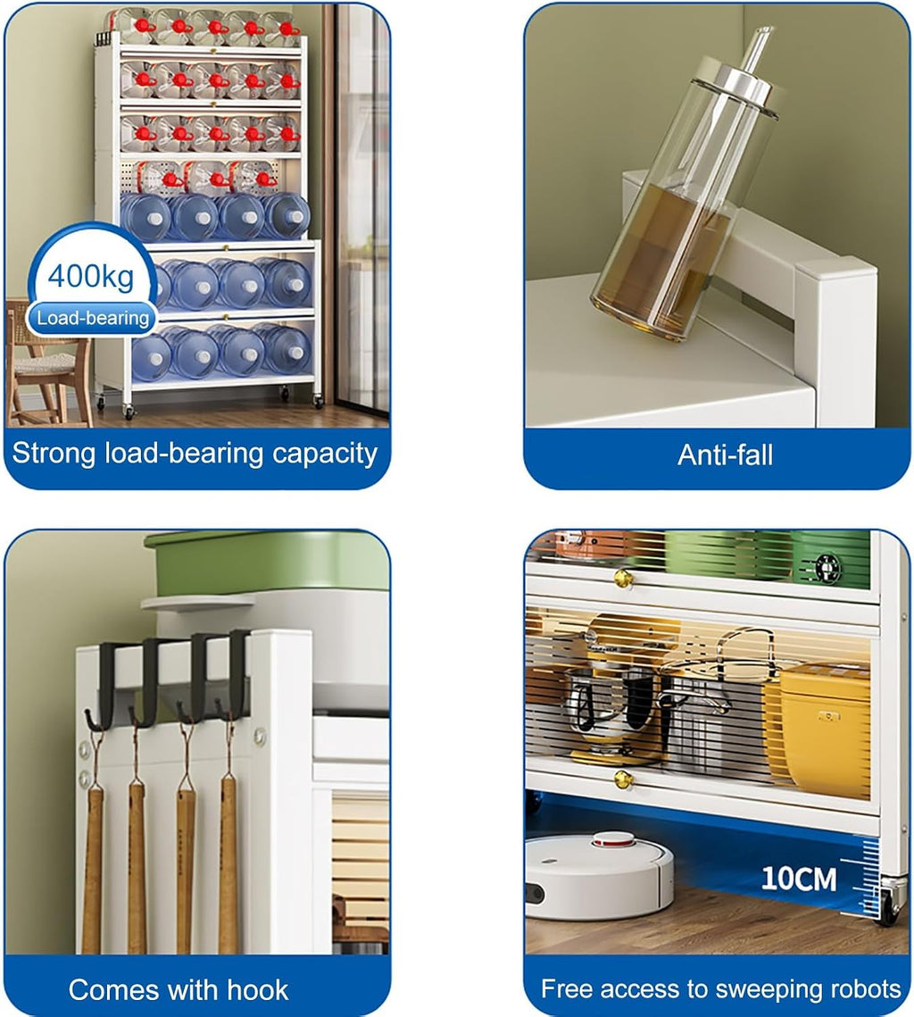 White Baker's Rack with Microwave Stand, Kitchen Storage Cabinet, Flip Door & Drawer, Metal Shelves, Pegboard for Home, Garage & Pantry, Spice Organizer, Durable & Stylish