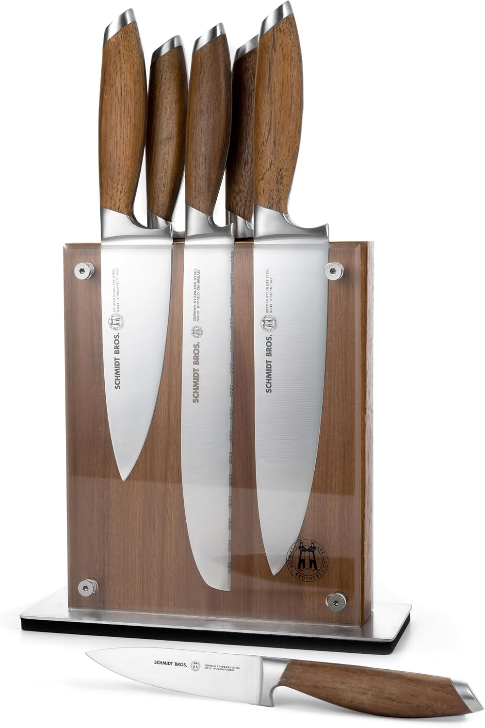 Schmidt Brothers - Bonded Teak, 7-Piece Knife Set, High-Carbon Stainless Steel Cutlery with Midtown Acacia and Acrylic Magnetic Knife Block