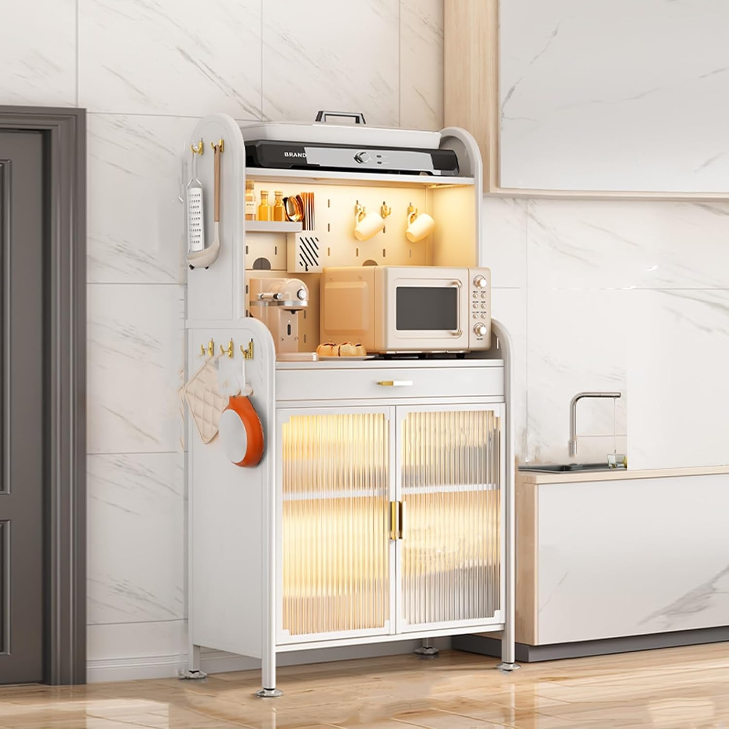 Kitchen Cabinet Storage, Microwave Stand with Flip Door and Pegboard, Large Kitchen Storage Shelves with 8 Hooks, 4-Tier Free Standing Kitchen Bakers Rack for Garage Pantry Kitchen Home White (Color