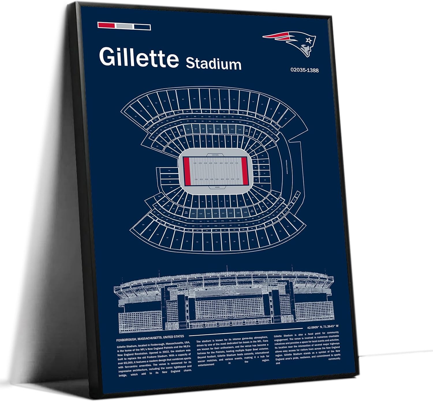 SPASAV (Metal Frame 24'x36') GilletteStadium Stadium Blueprint Canvas Print – New England Detailed Stadium Map Poster, Patriots Fan Decor, Wall Art for Home or Office