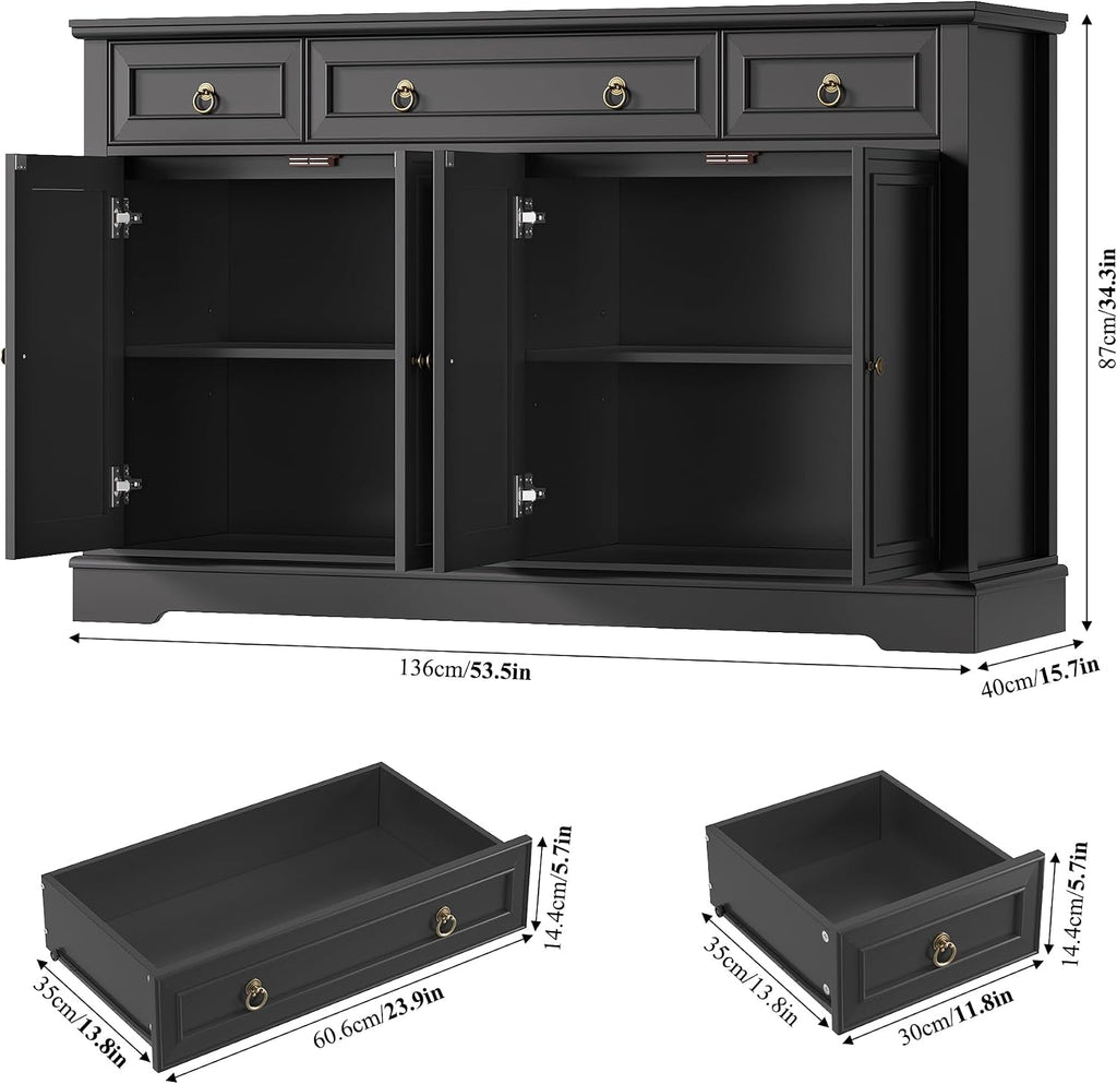 FINETONES Buffet Cabinet with Storage, 52.7' Large Sideboard Buffet Table, Black Kitchen Cabinet with 3 Drawers and 4 Doors, Wood Coffee Bar for Kitchen Dining Room, Black