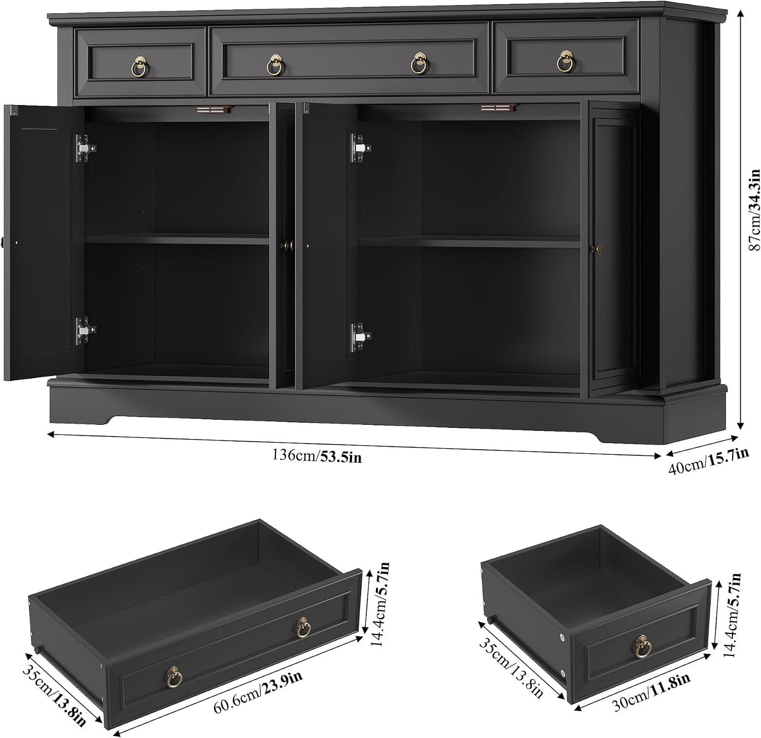 FINETONES Buffet Cabinet with Storage, 52.7' Large Sideboard Buffet Table, Black Kitchen Cabinet with 3 Drawers and 4 Doors, Wood Coffee Bar for Kitchen Dining Room, Black