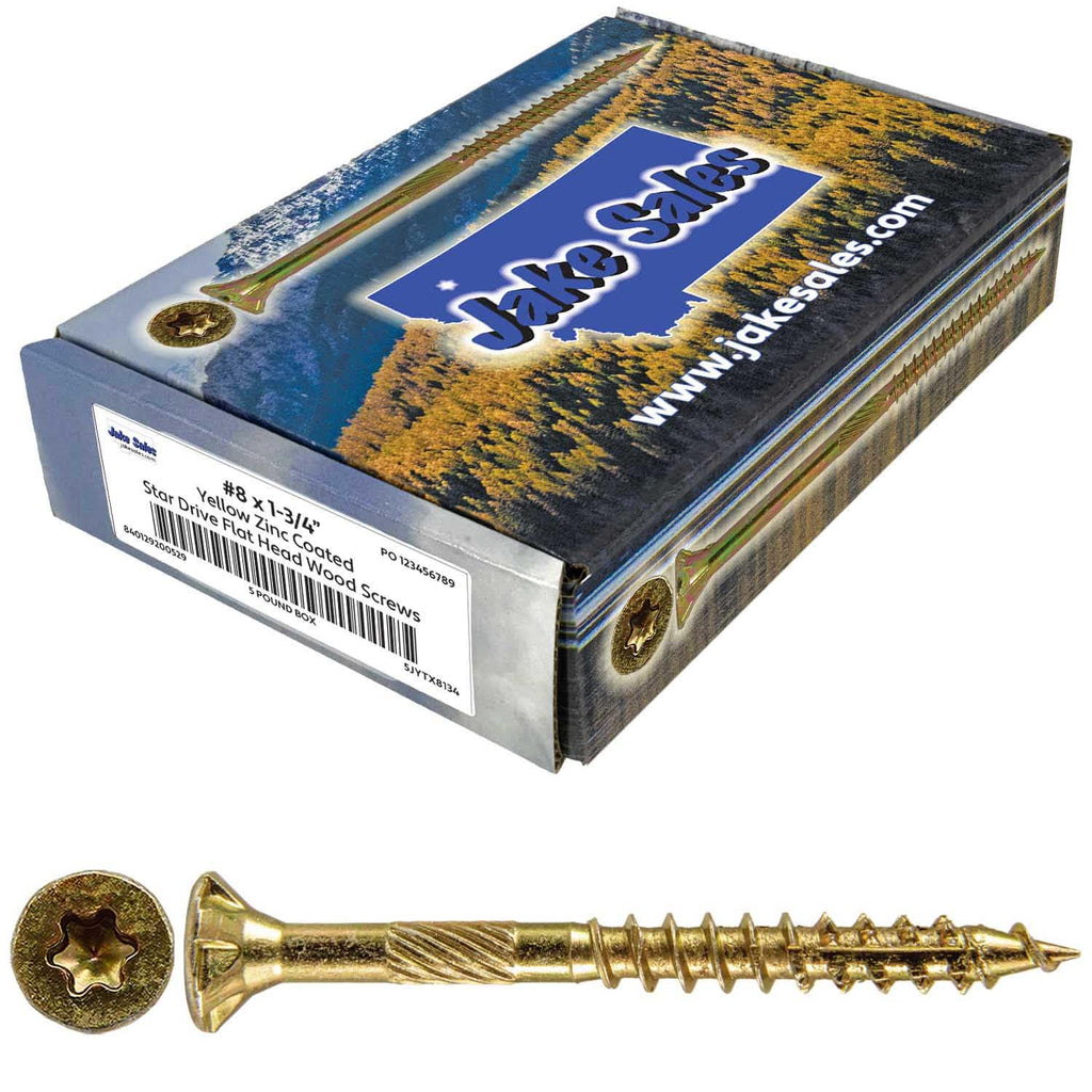 8 x 1-3/4' Gold Star Wood Screw Torx/Star Drive Flat Head CASE of 9-5 Pound Boxes 7,740 Screws