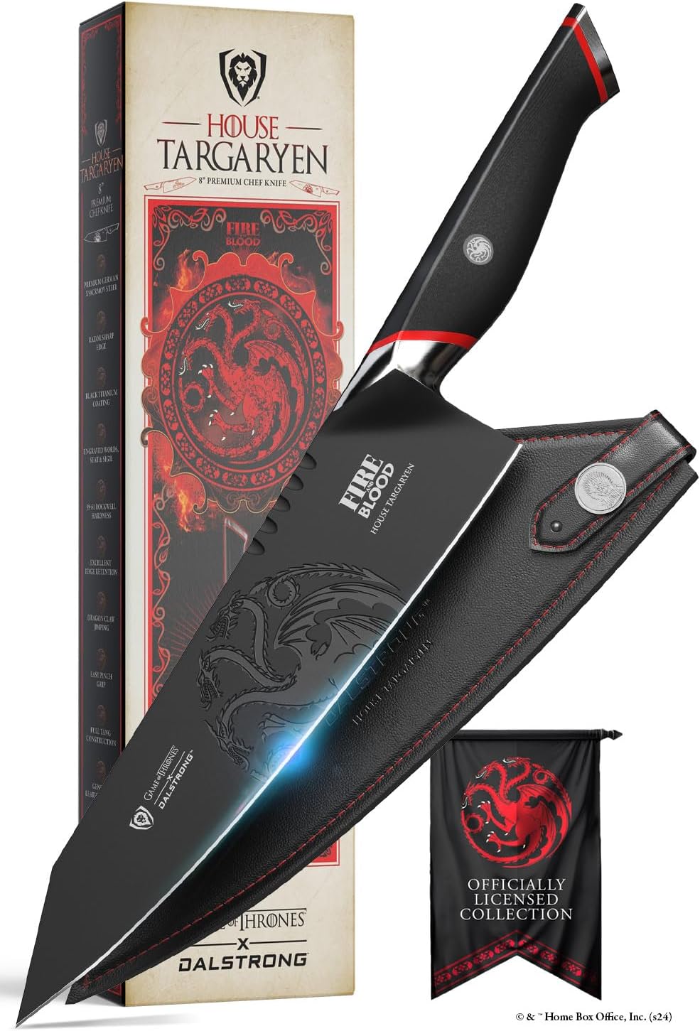 Dalstrong Game of Thrones House Targaryen 8' Chef Knife — German X50CRMOV15 Steel, TiN-Coated, G-10 Handle — Officially Licensed — For GoT Fans, Collectors & Real Kitchen Use