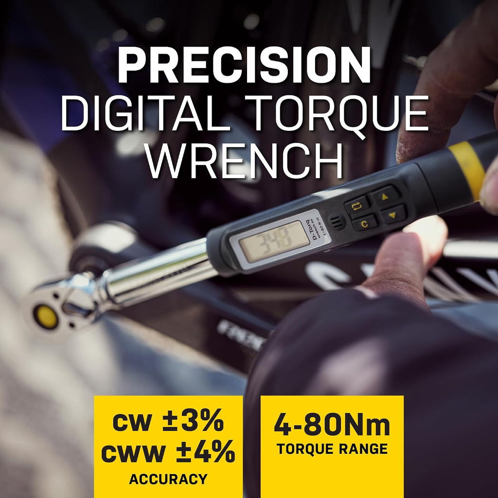 Topeak D-Torq Wrench DX Digital Torque Wrench – 4-80 Nm (3/8″ Drive) with 8 Sockets & 10 Hex/Torx Bits, LCD Display & Audible Alerts, High-Precision Torque Tool for Bicycle, Motorcycle & Automotive | torque-wrenches