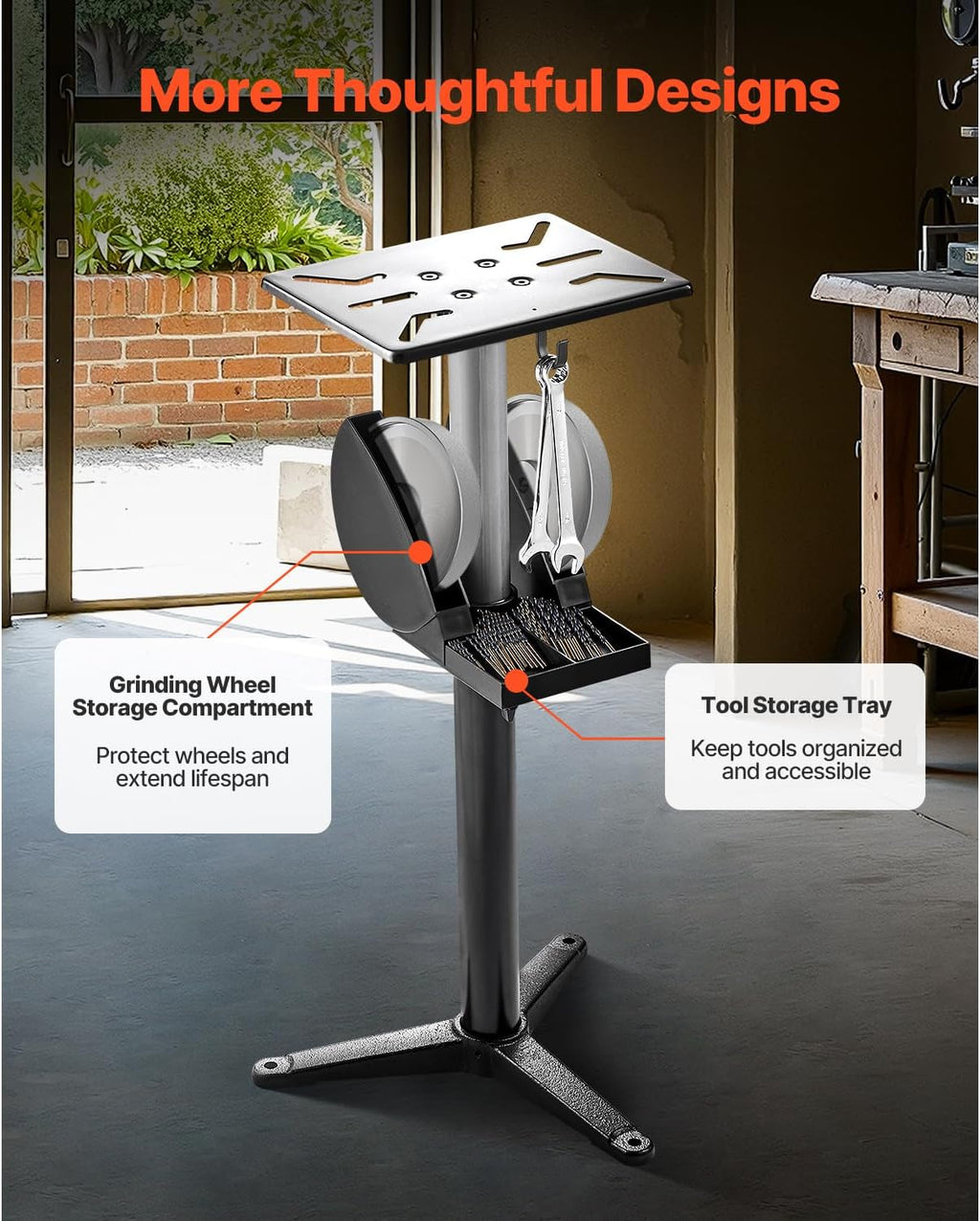Happybuy Adjustable Bench Grinder Stand – 5-Level Height Pedestal with 12x10 Mounting Plate, Cast Iron Base & Grinding Wheel Storage Compartment