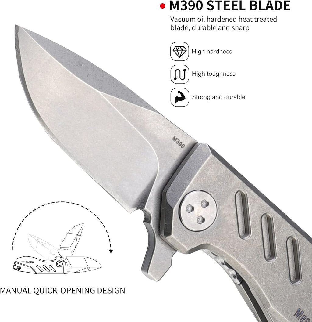 MecArmy EK33S Mini Pocket Folding Knife with Clip, One Hand Quick Opening Knives with Liner Lock for Men Titanium Handle M390 Blade EDC Knife, Aluminum EDC box and Kydex sheath included (Stonewashed)