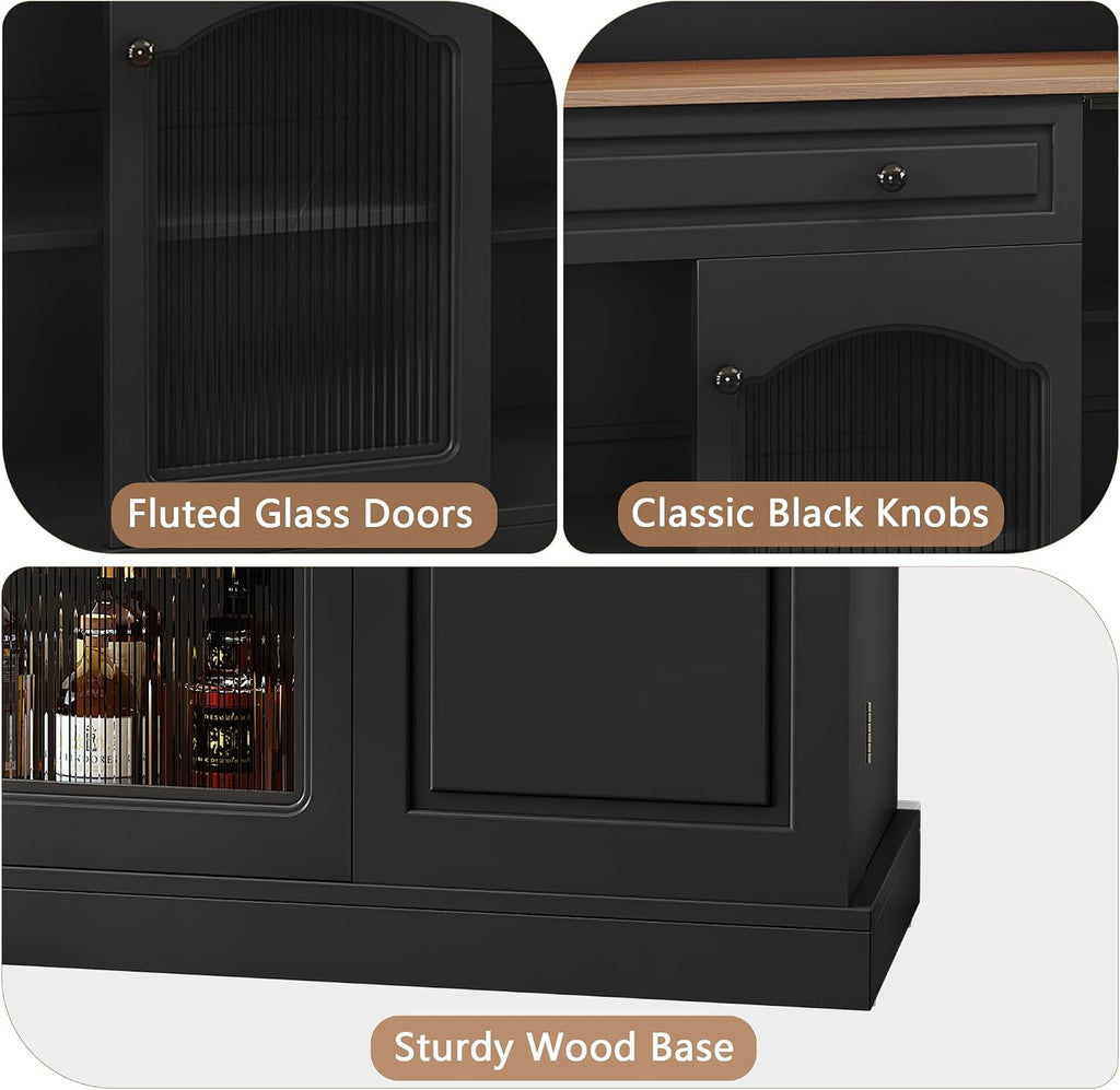 ARTPOWER Farmhosue Coffee Bar Cabinet with Hutch - 48' Modern Buffet Cabinet with Drawer Storage and Glass Doors,Wine Bar Table with Adjustable Shelves for Living Dining Room,Black
