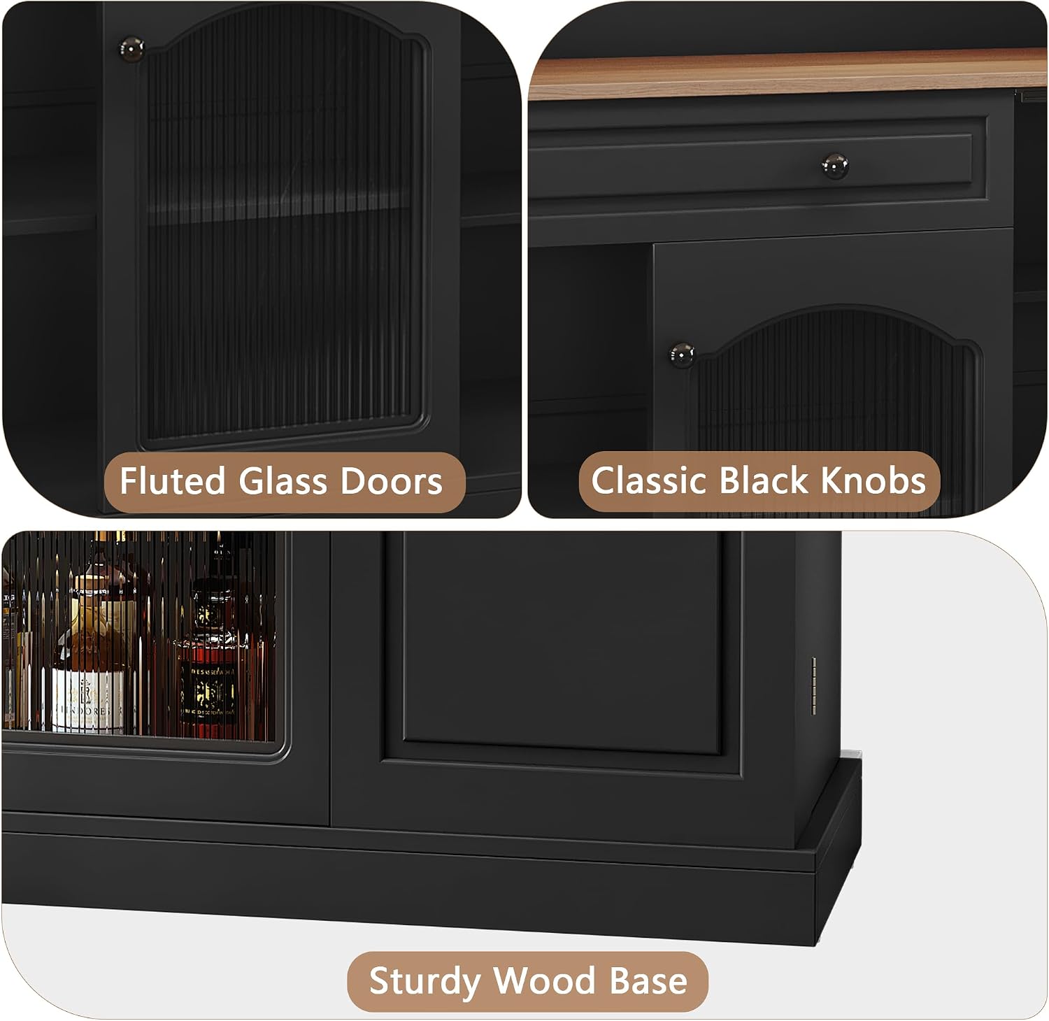 ARTPOWER Farmhosue Coffee Bar Cabinet with Hutch - 48' Modern Buffet Cabinet with Drawer Storage and Glass Doors,Wine Bar Table with Adjustable Shelves for Living Dining Room,Black