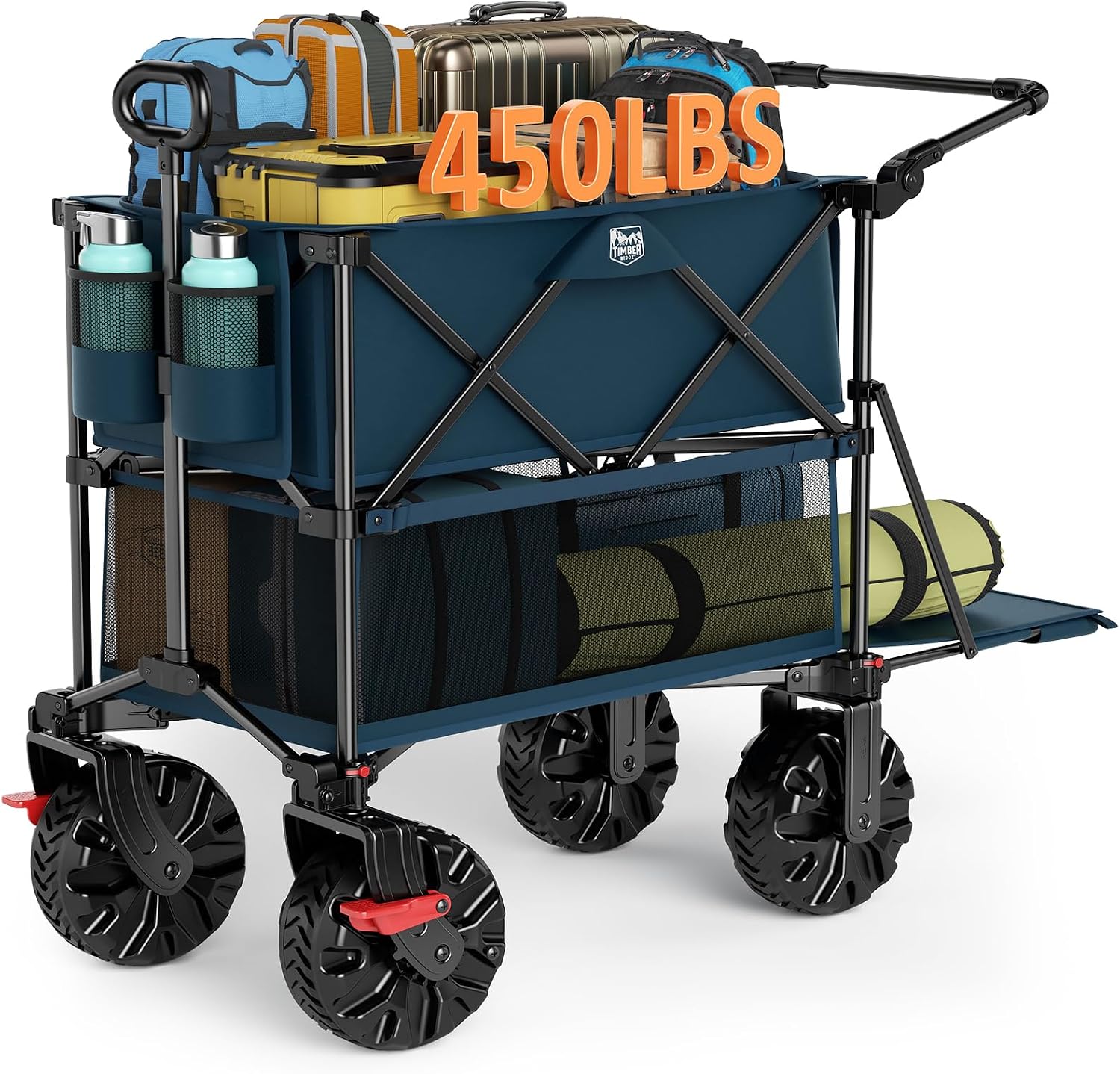 TIMBER RIDGE Push & Pull Double Decker Wagon, 400L Large Capacity Heavy Duty & 450lb Load, Collapsible Cart with All-Terrain Wheels & Brakes, 54' Extended Foldable for Sports, Beach, Camping, Blue