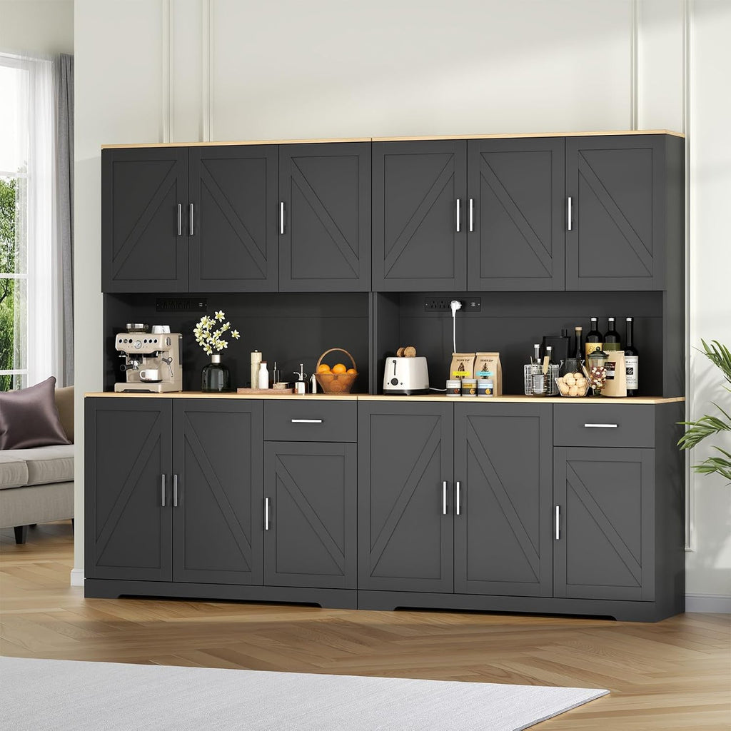 Gyfimoie 71'' Tall Kitchen Pantry Cabinet w/Power Outlet, Farmhouse Kitchen Storage Cabinet Freestanding Hutch w/Drawer, 4 Adjustable Shelf & 6 Doors for Dining (Black, 71''H x 40.24''W x15.28''D)