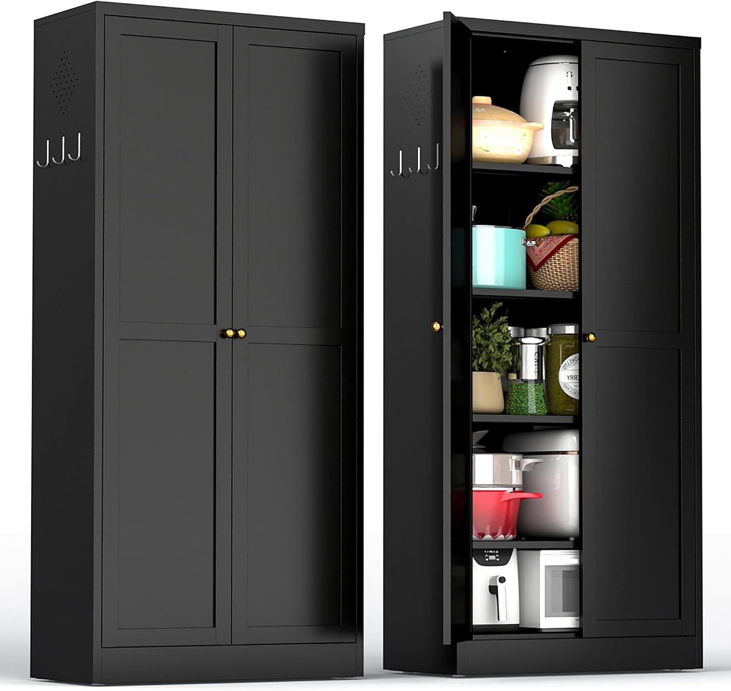 Kitchen Pantry Cabinet,Black Metal Pantry Cabinet with 2 Doors & 4 Adjustable Shelves,61' Farmhouse Utility Storage Cabinet for Living Room,Garage,Basement