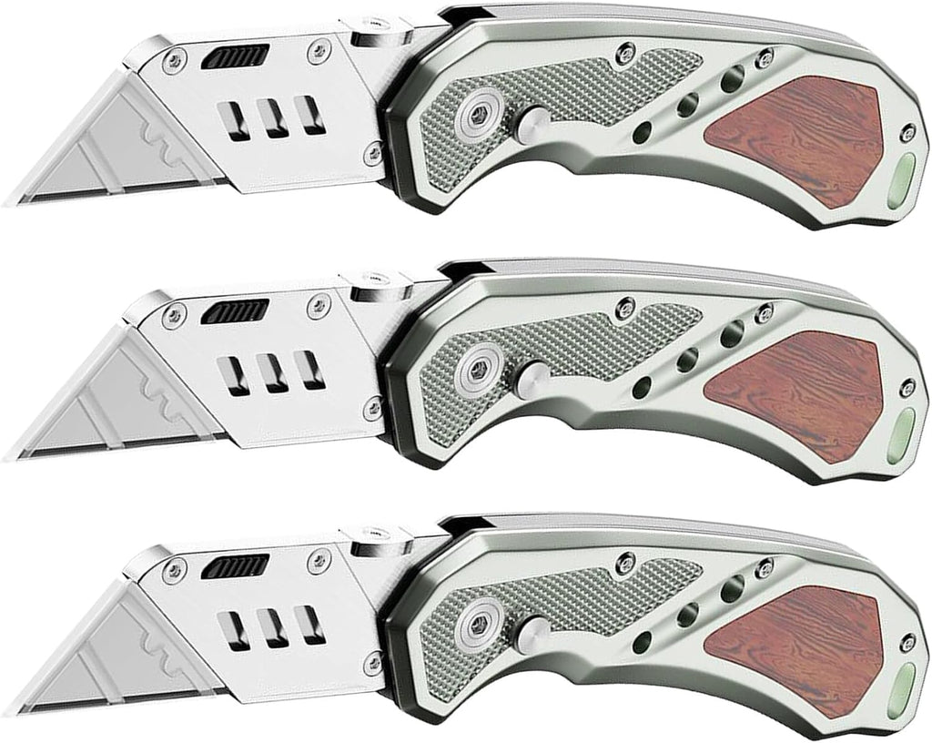 Box Knife with Belt Clip, Heavy Duty Box Cutter for Cartons,Carpet and Leather, with Wood Handle and Extra 11 SK5 Blades(*3)