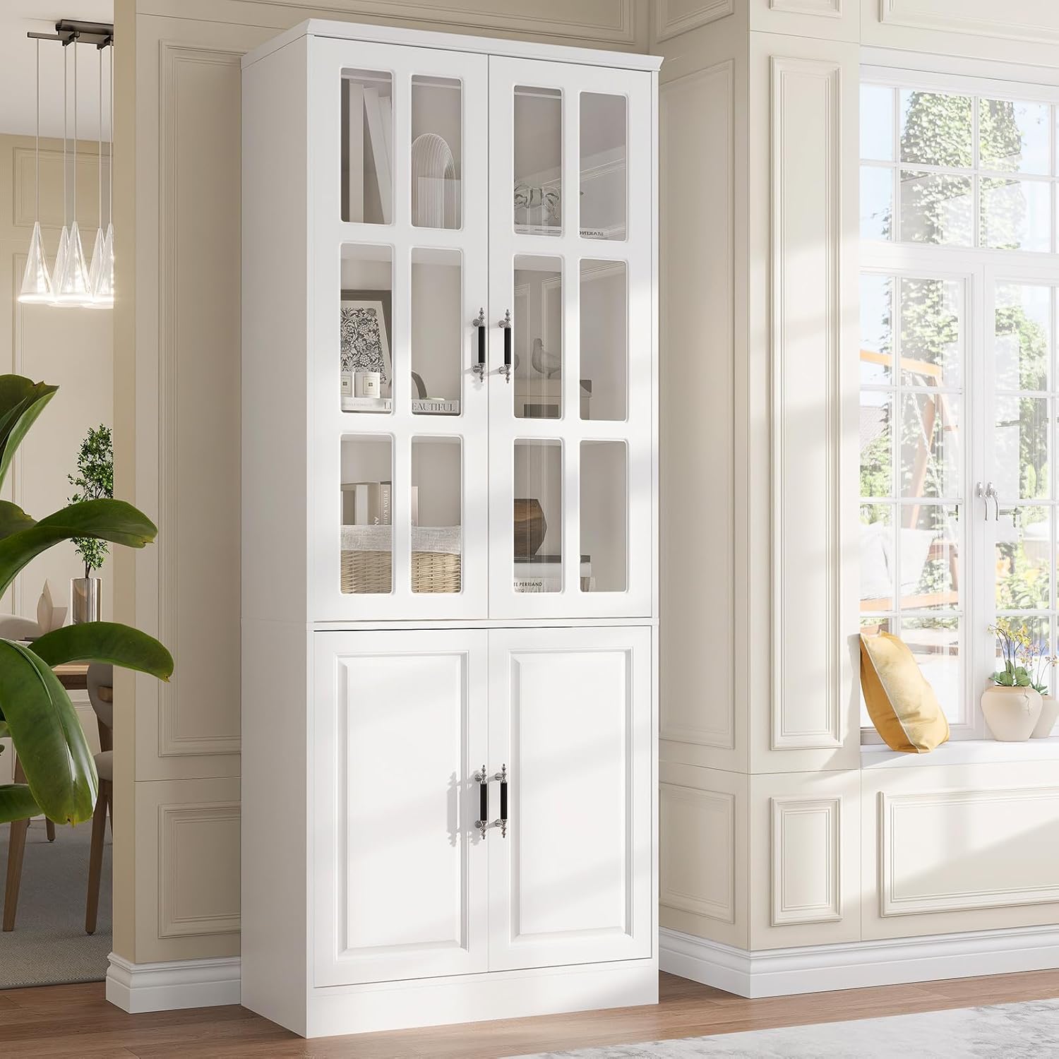 MEISSALIVVE Kitchen Pantry Storage Cabinet with LED Lights, 78.7' Tall with Glass Doors & Drawers, Freestanding Utility Cabinet, White (31.5' W x 15.7' D)