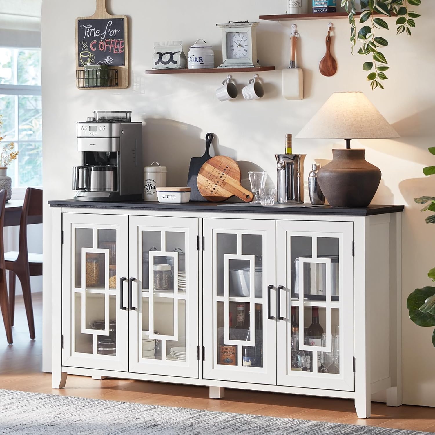 Joaxswe Large Sideboard Buffet Cabinet with Storage, 63' Farmhouse White Kitchen Coffee Wine Bar Cabinet with 4 Glass Doors, Wood Mid Century Modern Side Board Table for Dining Room, Living Room