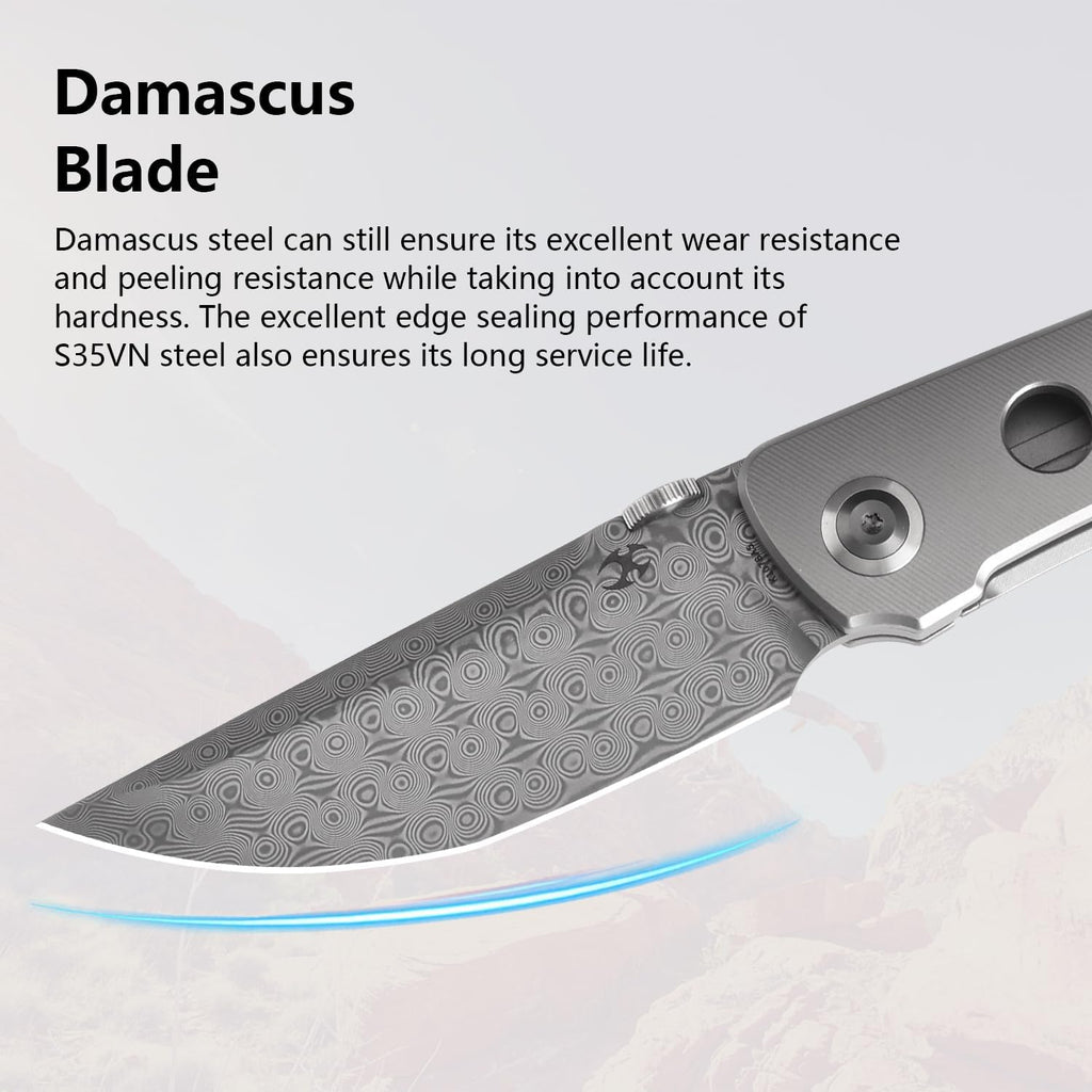 KANSEPT Tarkin Camping Pocket Knives for Men 7.87in Folding Pocket Knives with 3.42in Damascus Material and Bead Blasted Titanium with Holes Handle for Outdoor, Tactical, Survival K1078A5